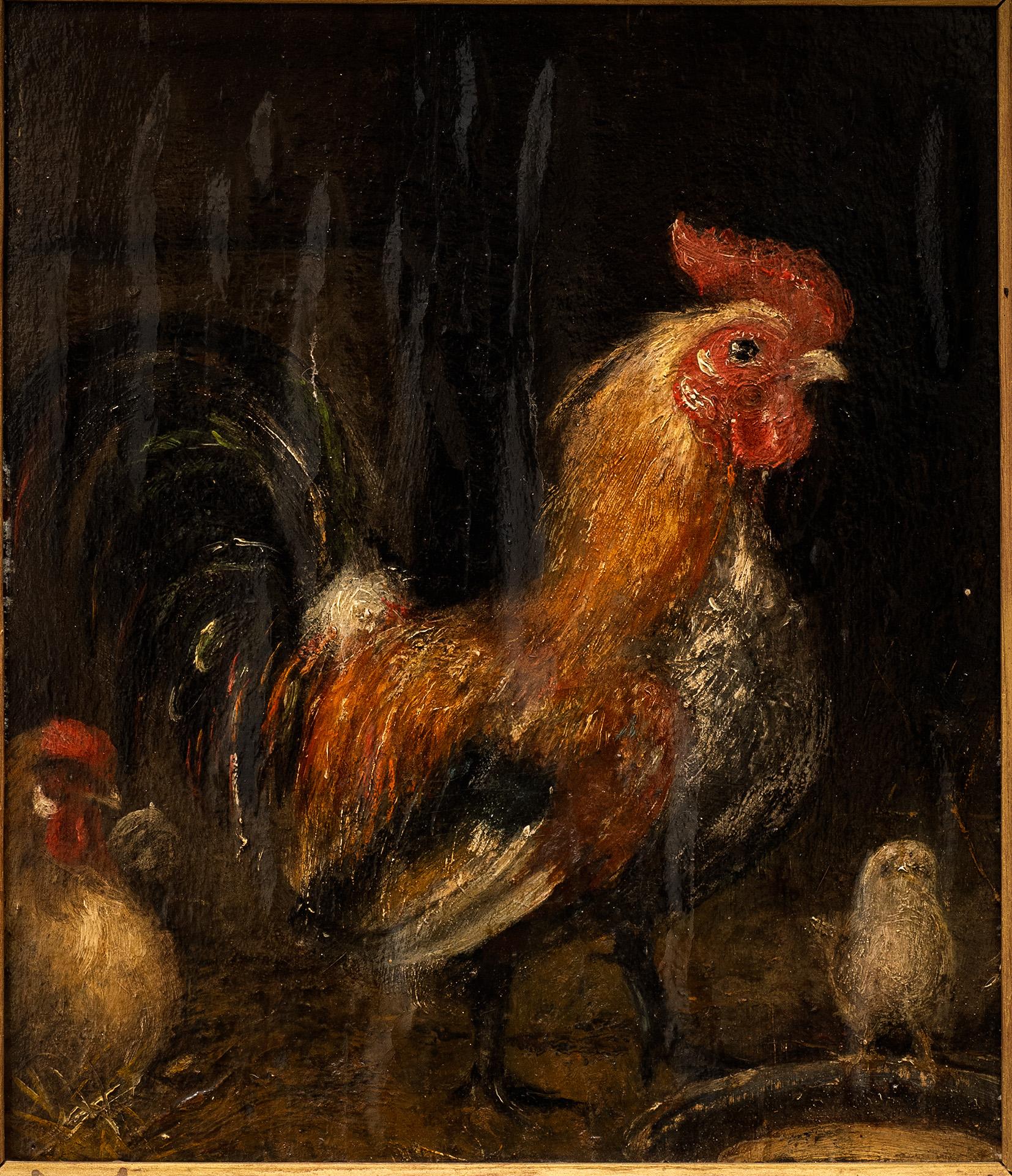 "Bantam Rooster w/Hen and Chick" 
Matthieu Theeuwes van Ginneken (1811-1888)
Oil on canvas mounted on wood panel
11 x 9 1/2 (18 x 16 1/2 x 3 inches frame) inches

Matthieu Theeuwes van Ginneken (1811-1888)
