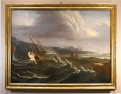 Stormy Sea Ships Landscape Van Plattenberg Paint 17/18th Century Oil on canvas