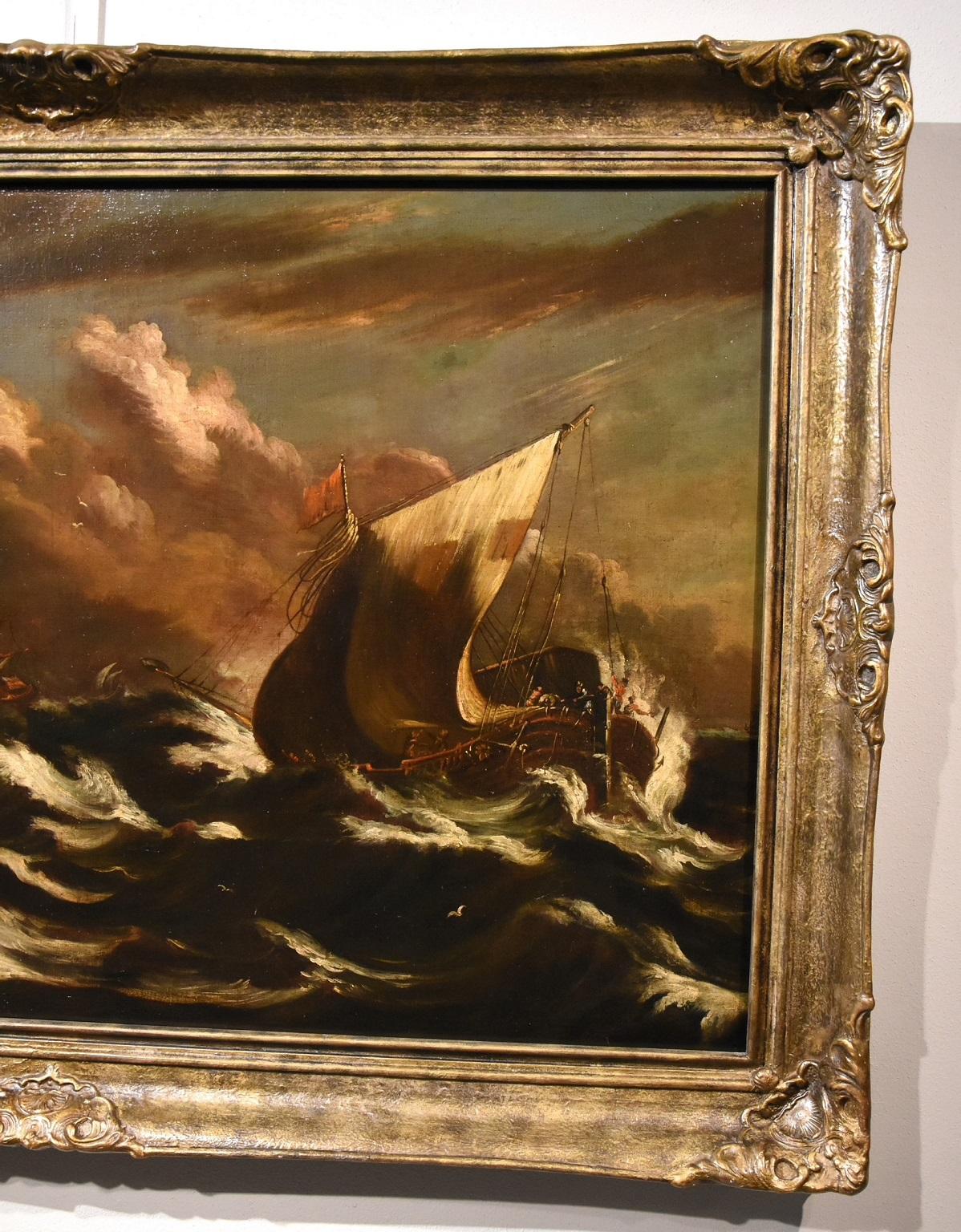 Stormy Ships Van Plattenberg Marina Paint Oil on canvas Old master 17th Century  For Sale 2