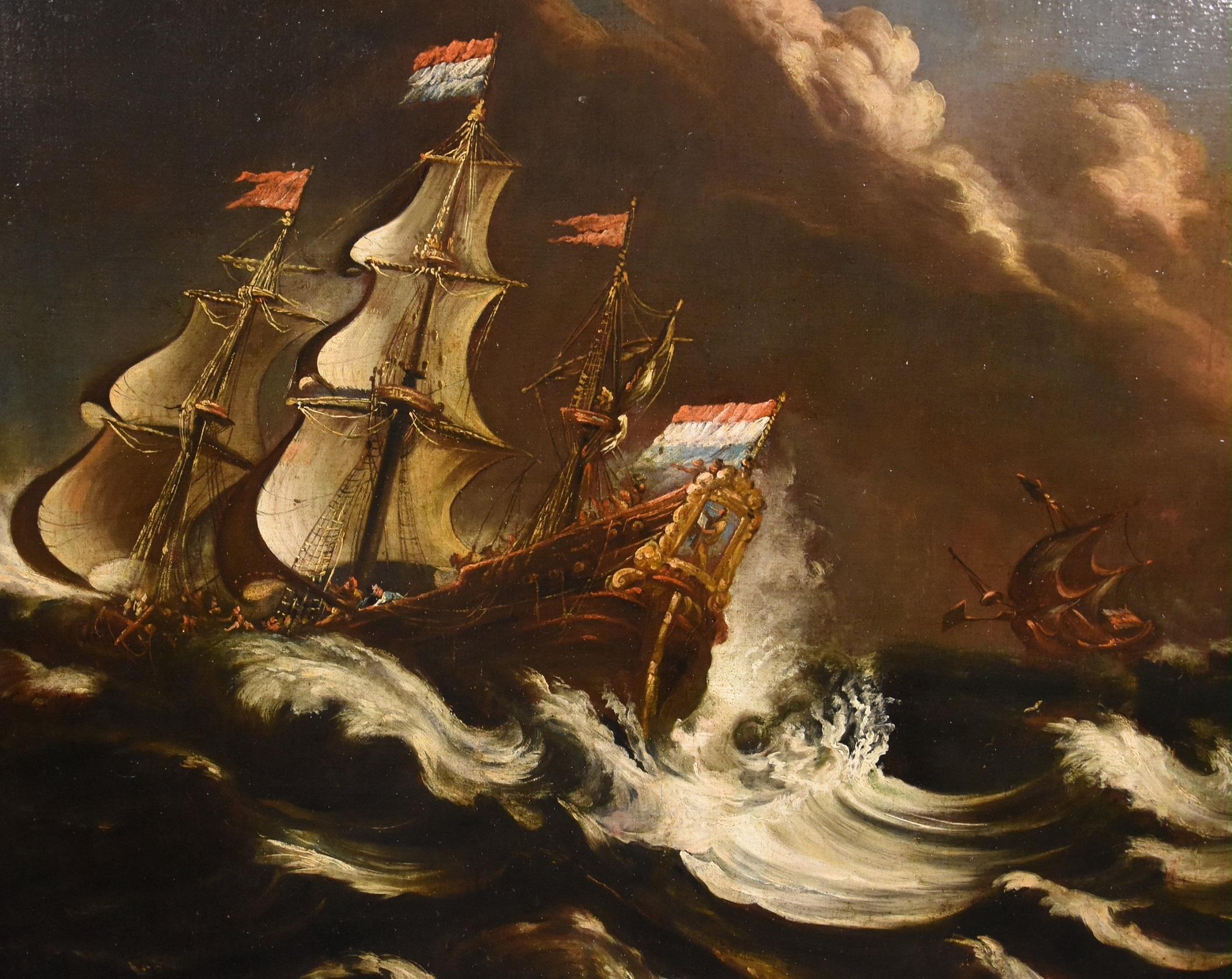 Stormy Ships Van Plattenberg Marina Paint Oil on canvas Old master 17th Century  For Sale 3