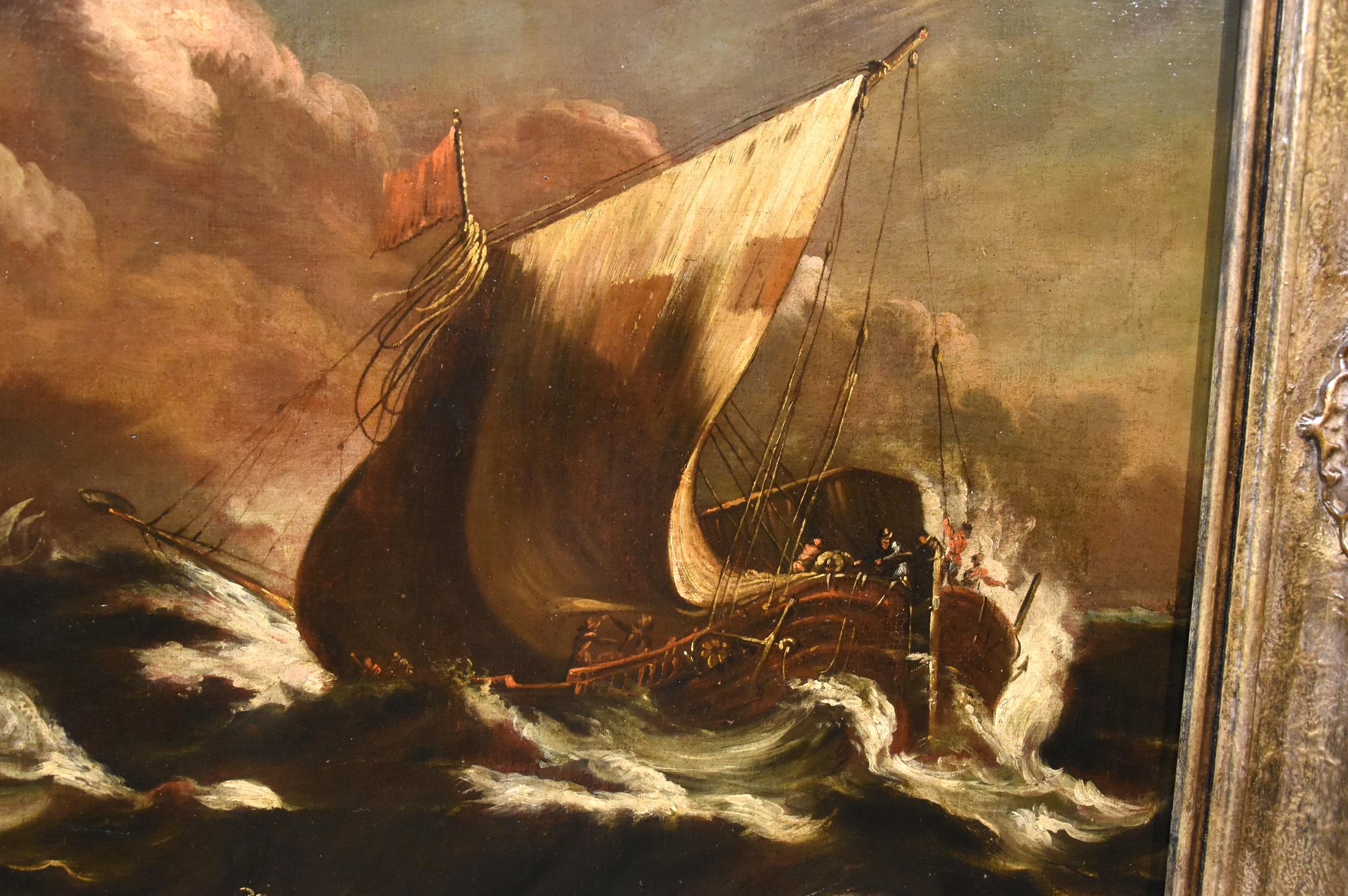 Stormy Ships Van Plattenberg Marina Paint Oil on canvas Old master 17th Century  For Sale 4