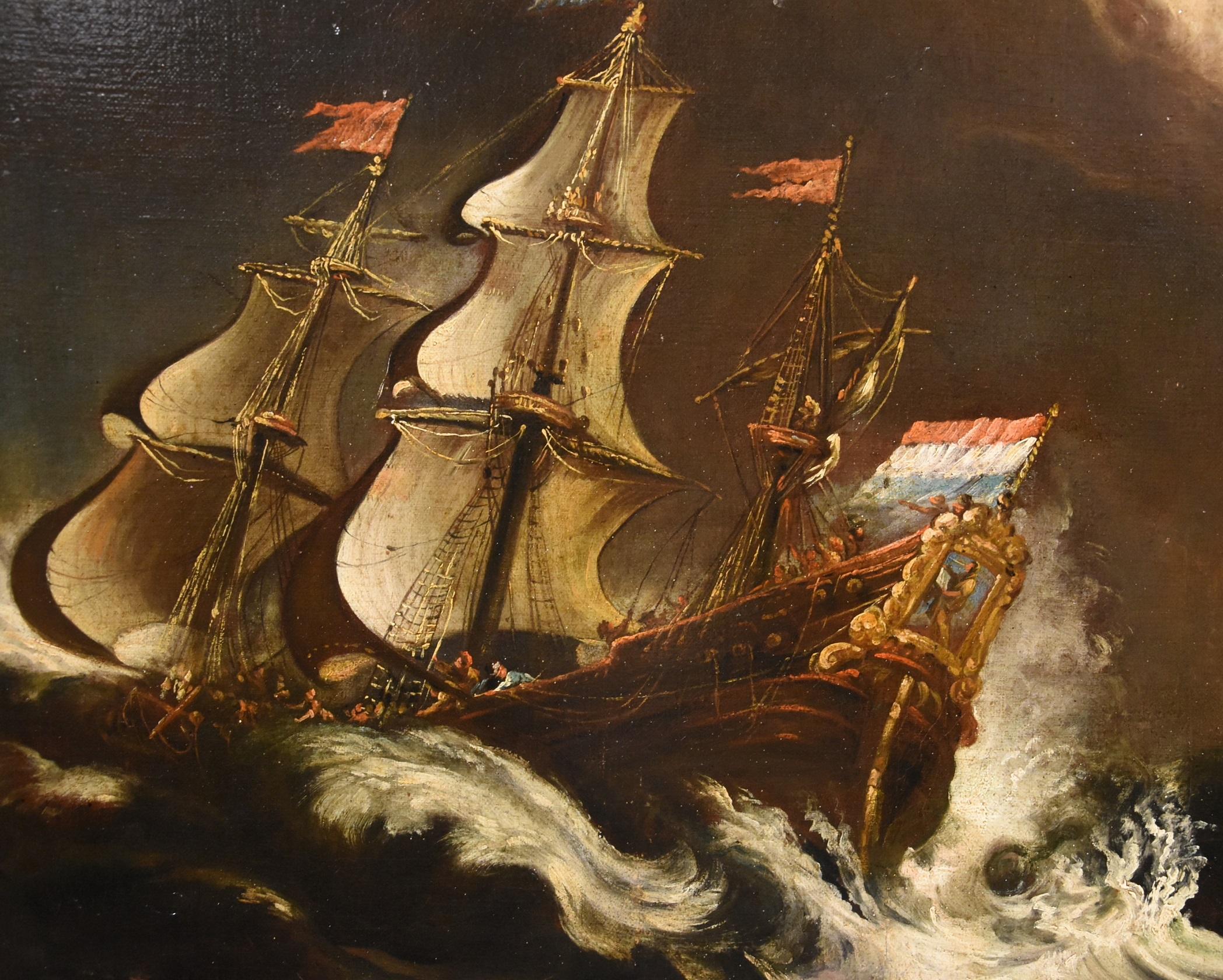 Stormy Ships Van Plattenberg Marina Paint Oil on canvas Old master 17th Century  For Sale 5