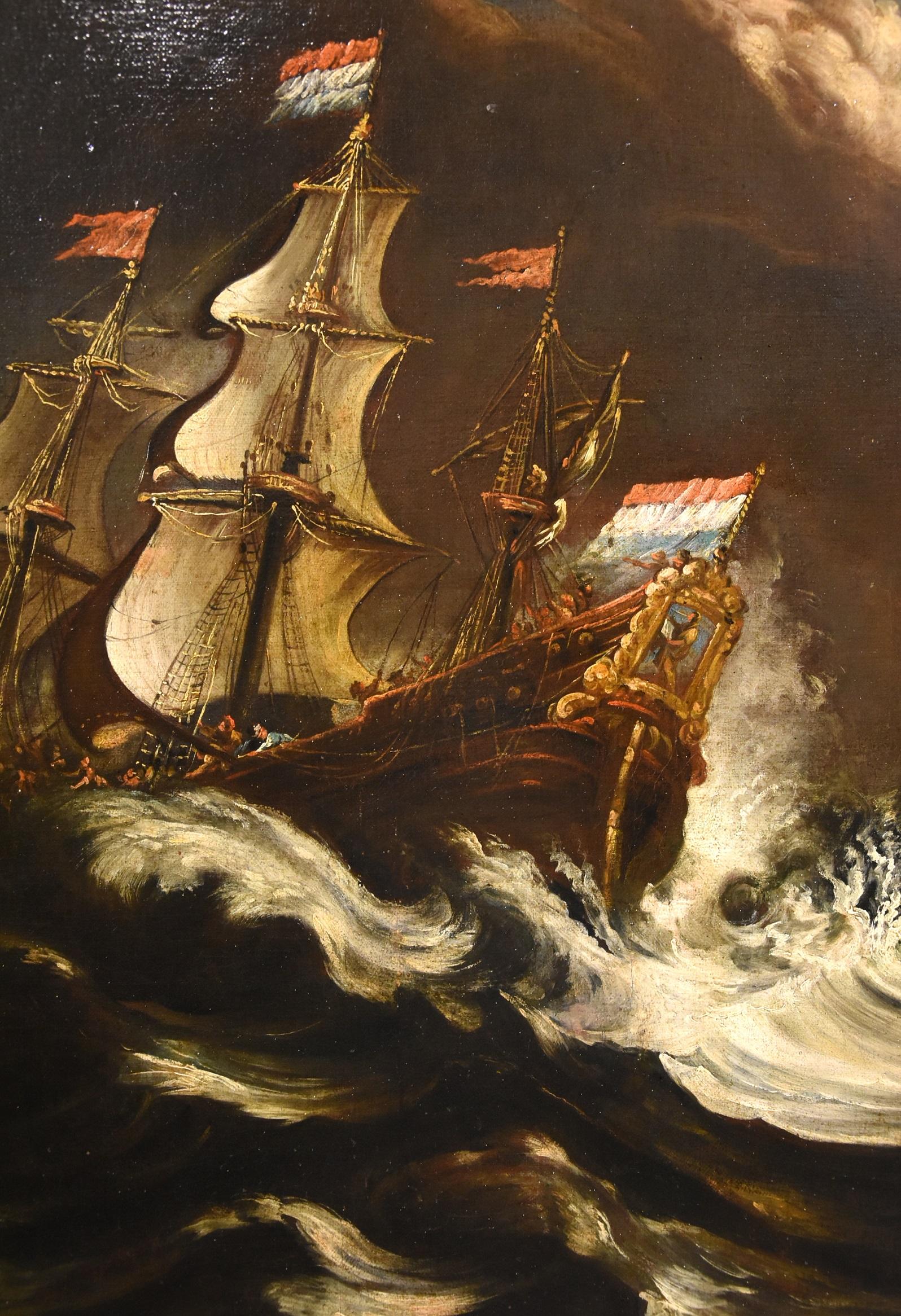 Stormy Ships Van Plattenberg Marina Paint Oil on canvas Old master 17th Century  For Sale 6