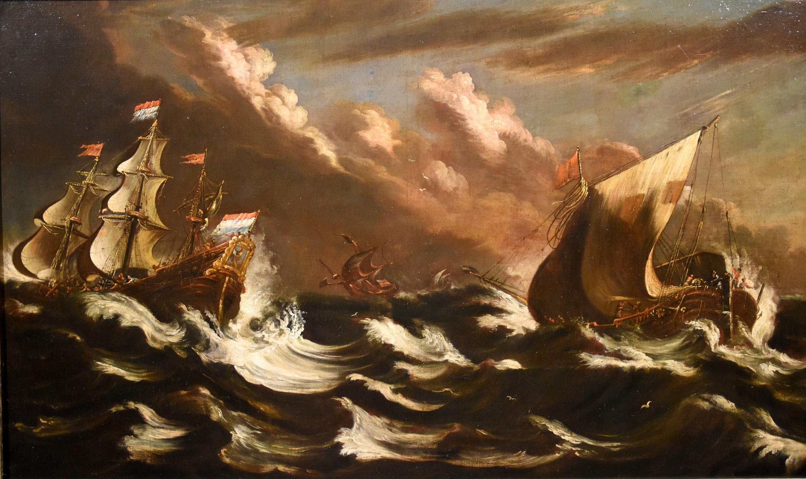 Stormy Ships Van Plattenberg Marina Paint Oil on canvas Old master 17th Century  - Painting by Matthieu Van Plattenberg known as Platte-Montagne (Antwerp 1608 - Paris 1660)