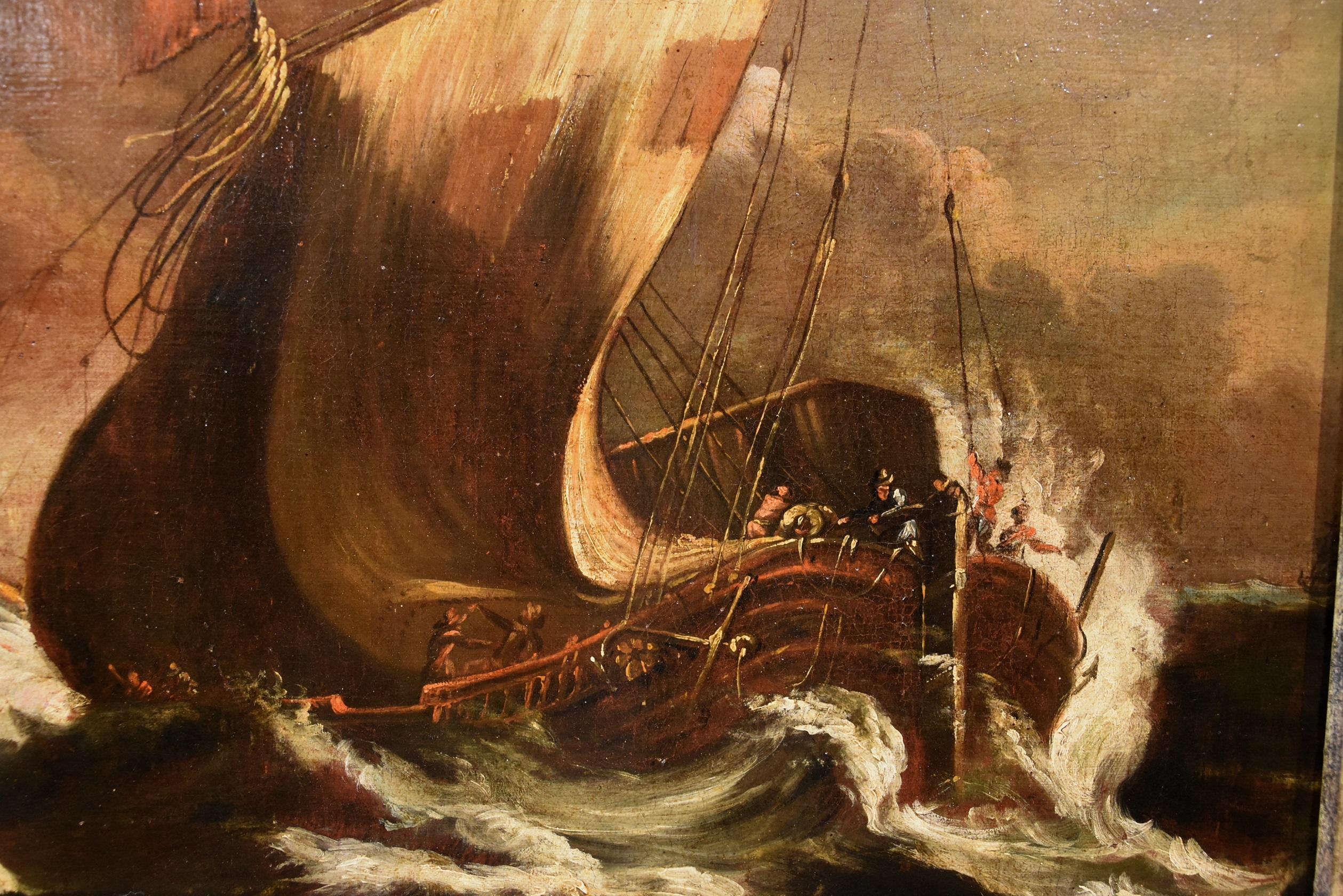 Stormy Ships Van Plattenberg Marina, Gemälde Öl auf Leinwand, Alter Meister, 17. Jahrhundert  (Braun), Landscape Painting, von Matthieu Van Plattenberg known as Platte-Montagne (Antwerp 1608 - Paris 1660)