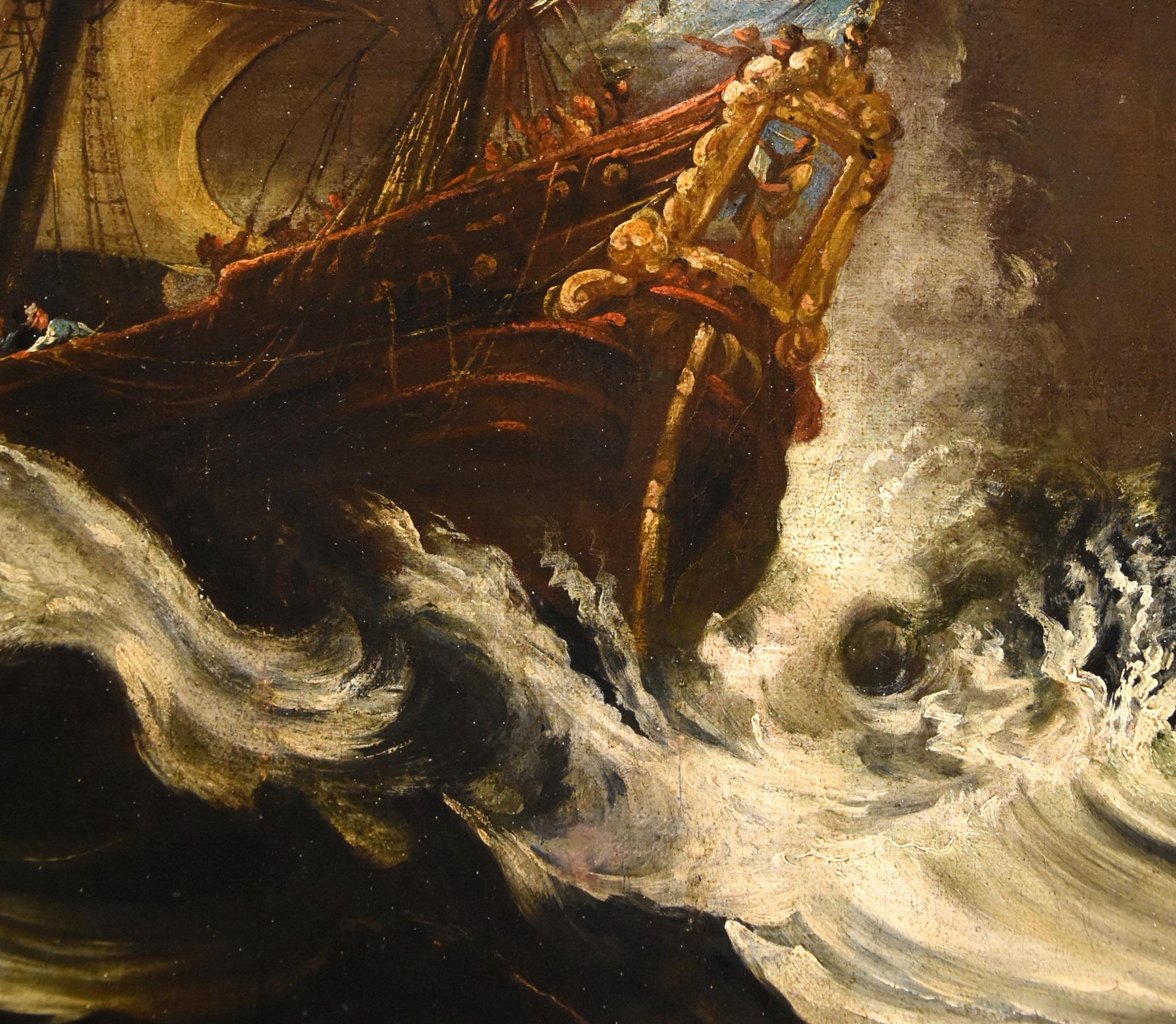 Stormy Ships Van Plattenberg Marina Paint Oil on canvas Old master 17th Century  - Old Masters Painting by Matthieu Van Plattenberg known as Platte-Montagne (Antwerp 1608 - Paris 1660)