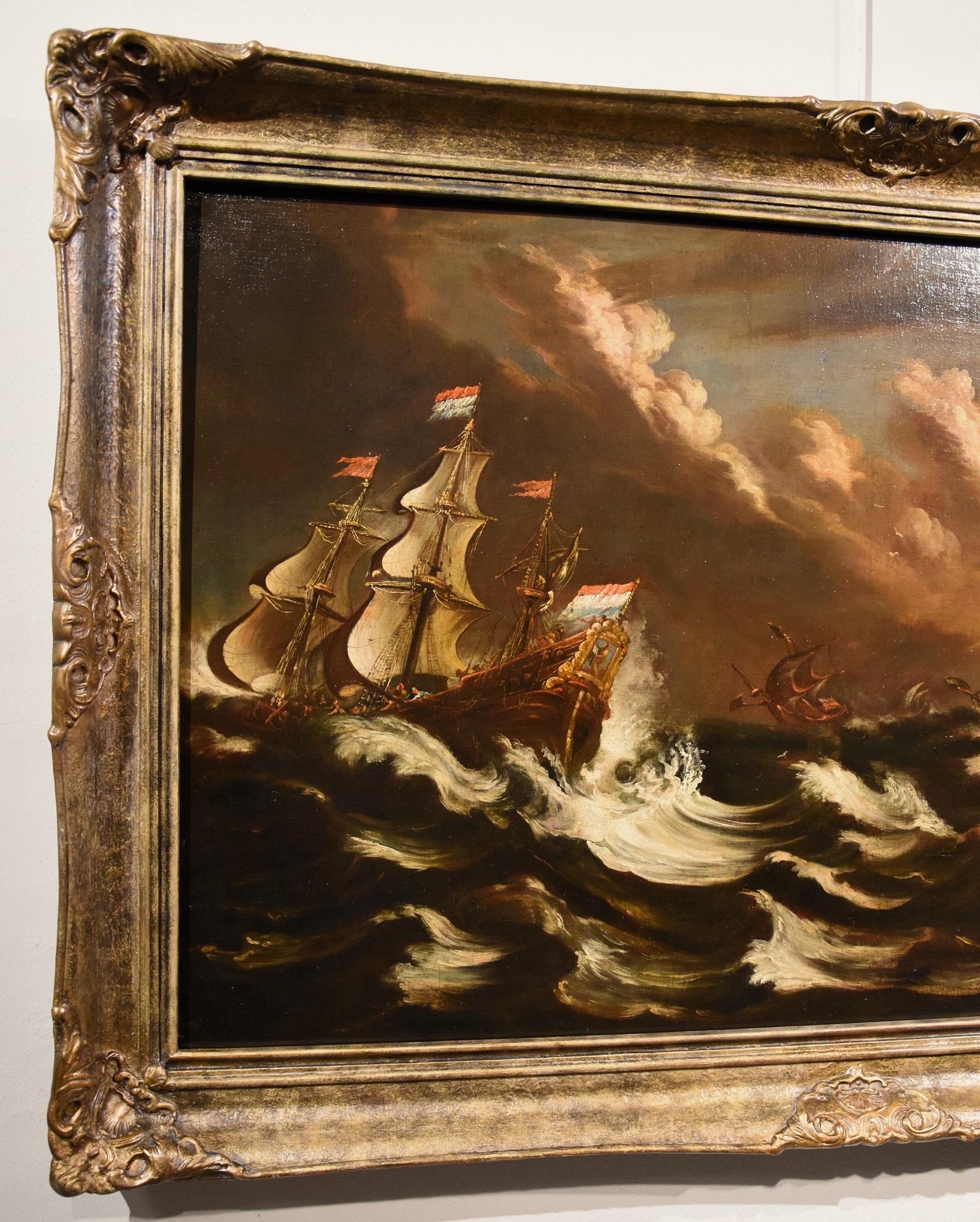 Stormy Ships Van Plattenberg Marina Paint Oil on canvas Old master 17th Century  For Sale 1