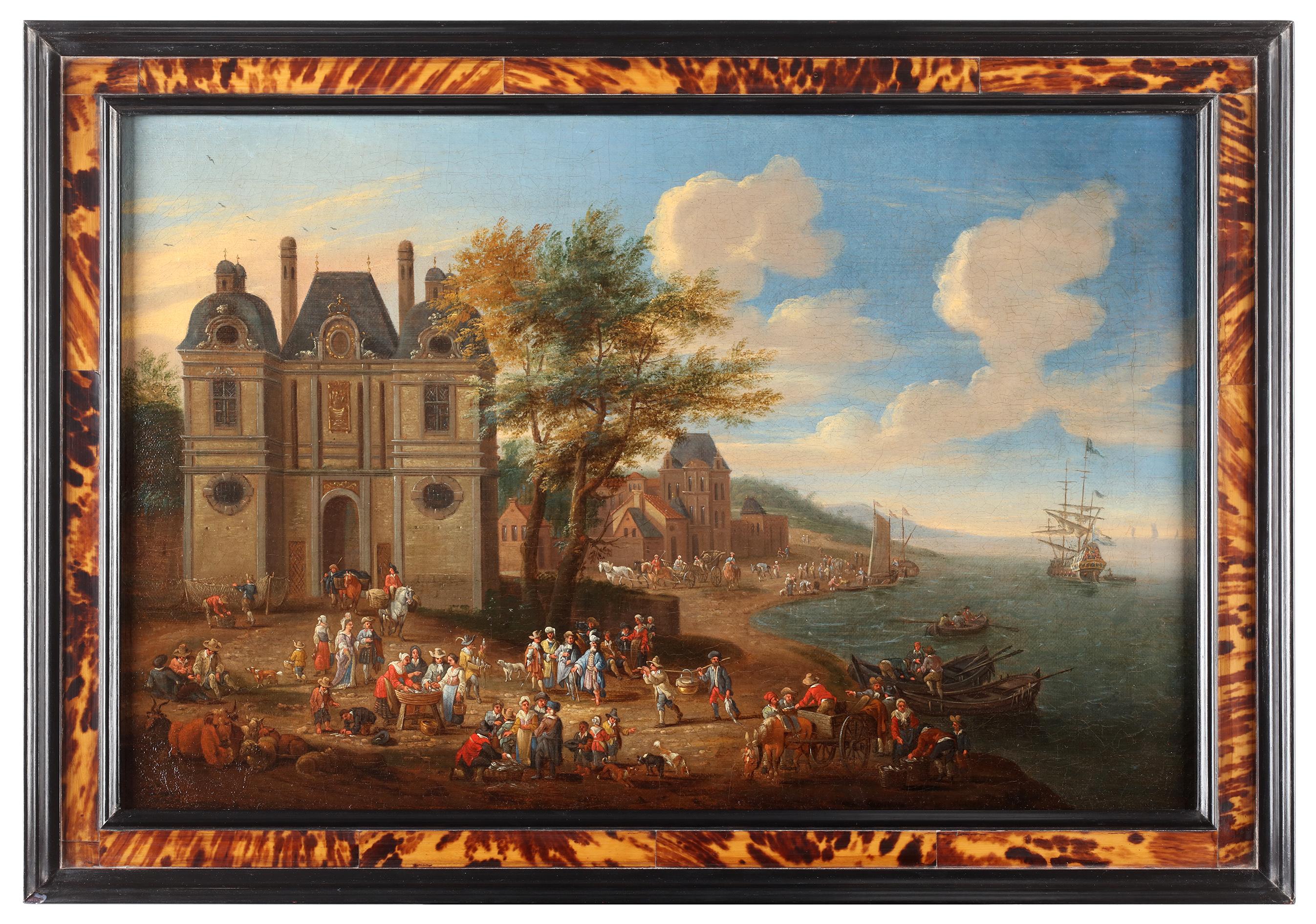 Two scenes showing a fish market in front of a town - Mathijs Schoevaerdts - Painting by Matthijs Schoevaerdts