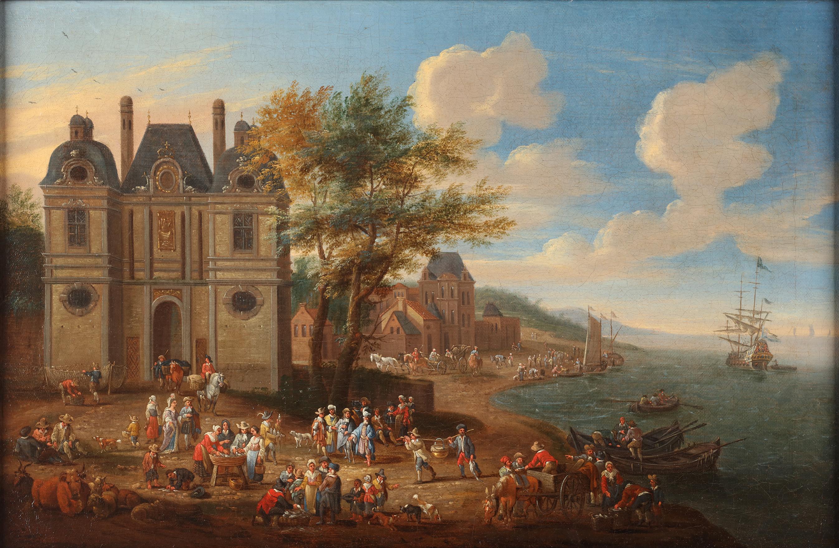 Two scenes showing a fish market in front of a town - Mathijs Schoevaerdts - Flemish School Painting by Matthijs Schoevaerdts