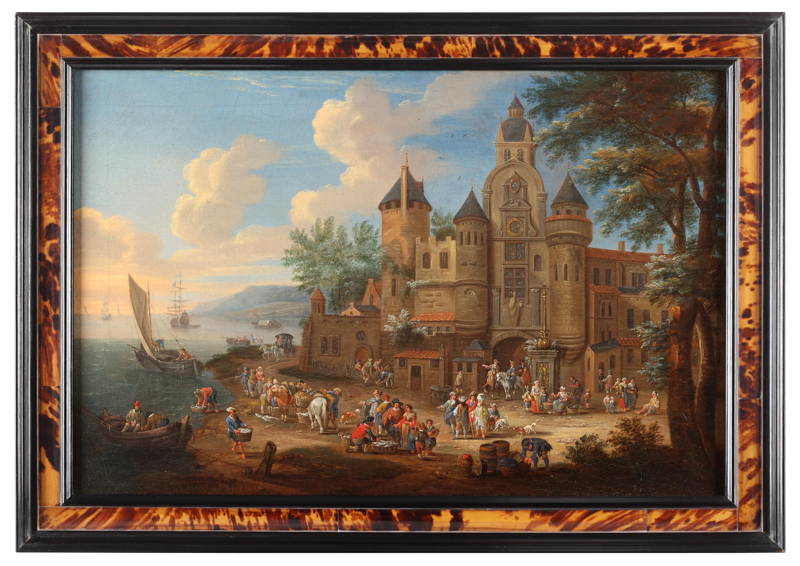 Two scenes showing a fish market in front of a town - Mathijs Schoevaerdts - Brown Landscape Painting by Matthijs Schoevaerdts