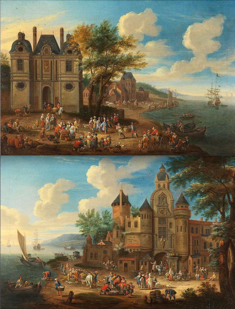Matthijs Schoevaerdts Landscape Painting - Two scenes showing a fish market in front of a town - Mathijs Schoevaerdts