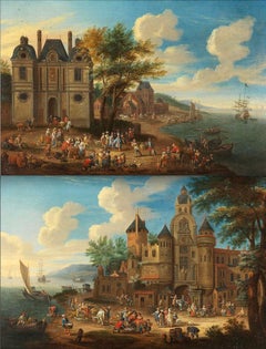 Antique Two scenes showing a fish market in front of a town - Mathijs Schoevaerdts
