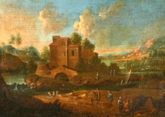 Fine Dutch 1700's Dutch Old Master Oil Painting Ancient Fortified City & Figures
