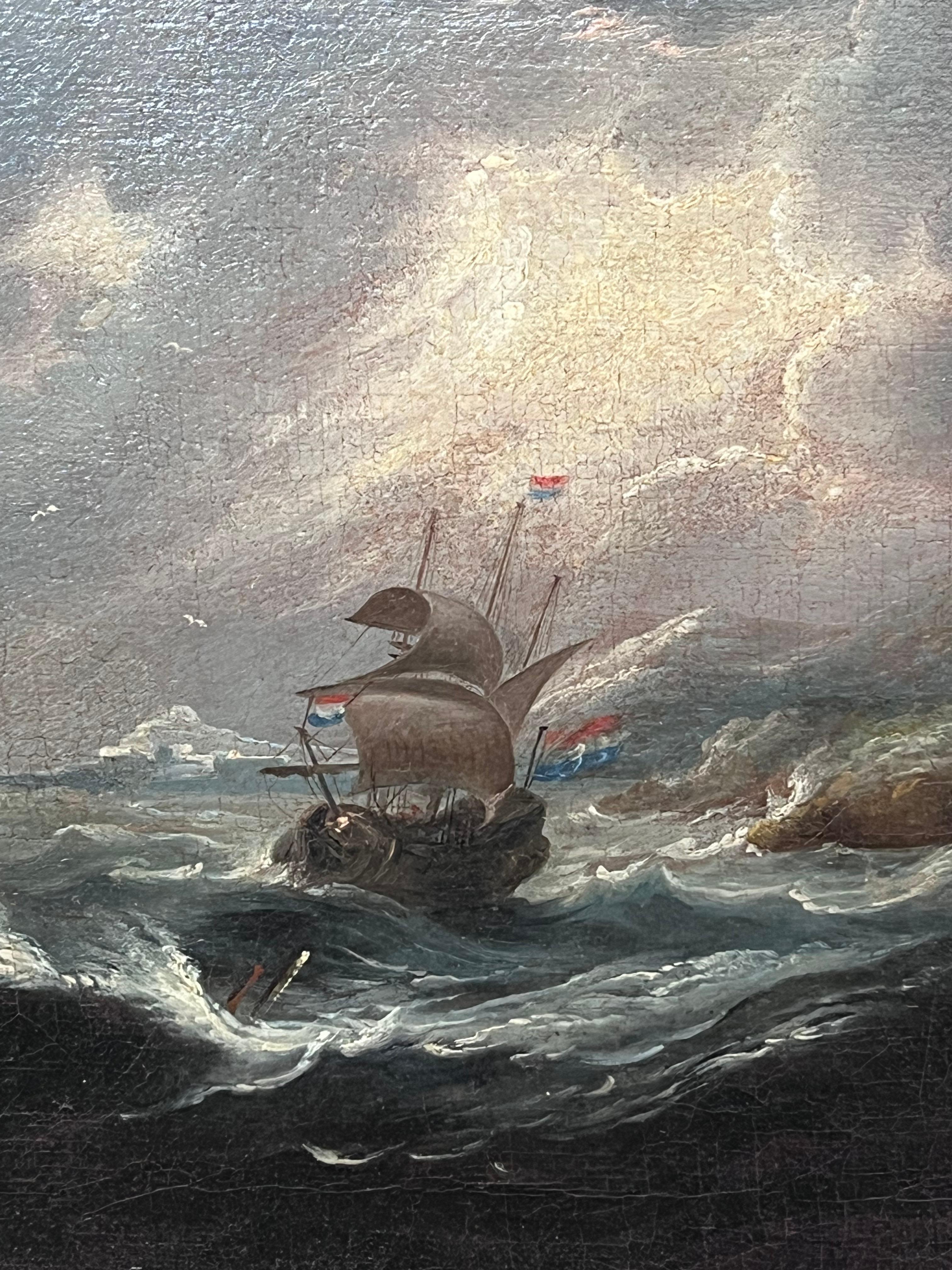 Niederländisches Ölgemälde eines alten Meisters der Marine, Schiff in stürmischer See, 17. Jahrhundert (Schwarz), Landscape Painting, von Matthijs van Plattenberg