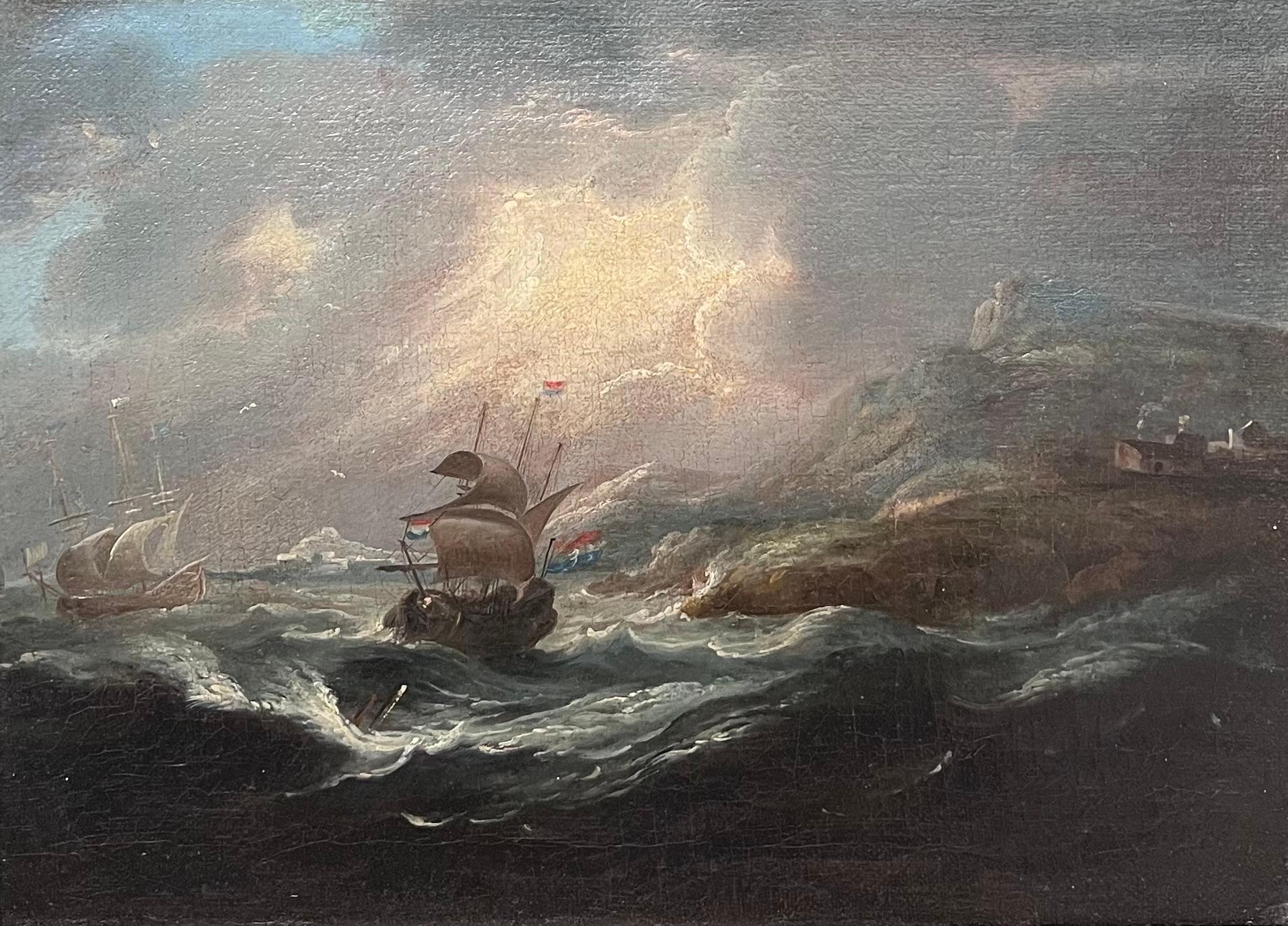 Stürmische Meere
Holländische Schule, 17. Jahrhundert
Kreis von Matthjs van Plattenberg (Niederländer 1607-1660)
Öl auf Leinwand, gerahmt in feinem antiken schwarzen und vergoldeten Holzrahmen
Gerahmt: 18 x 22,5 Zoll
Leinwand: 11 x 15,5