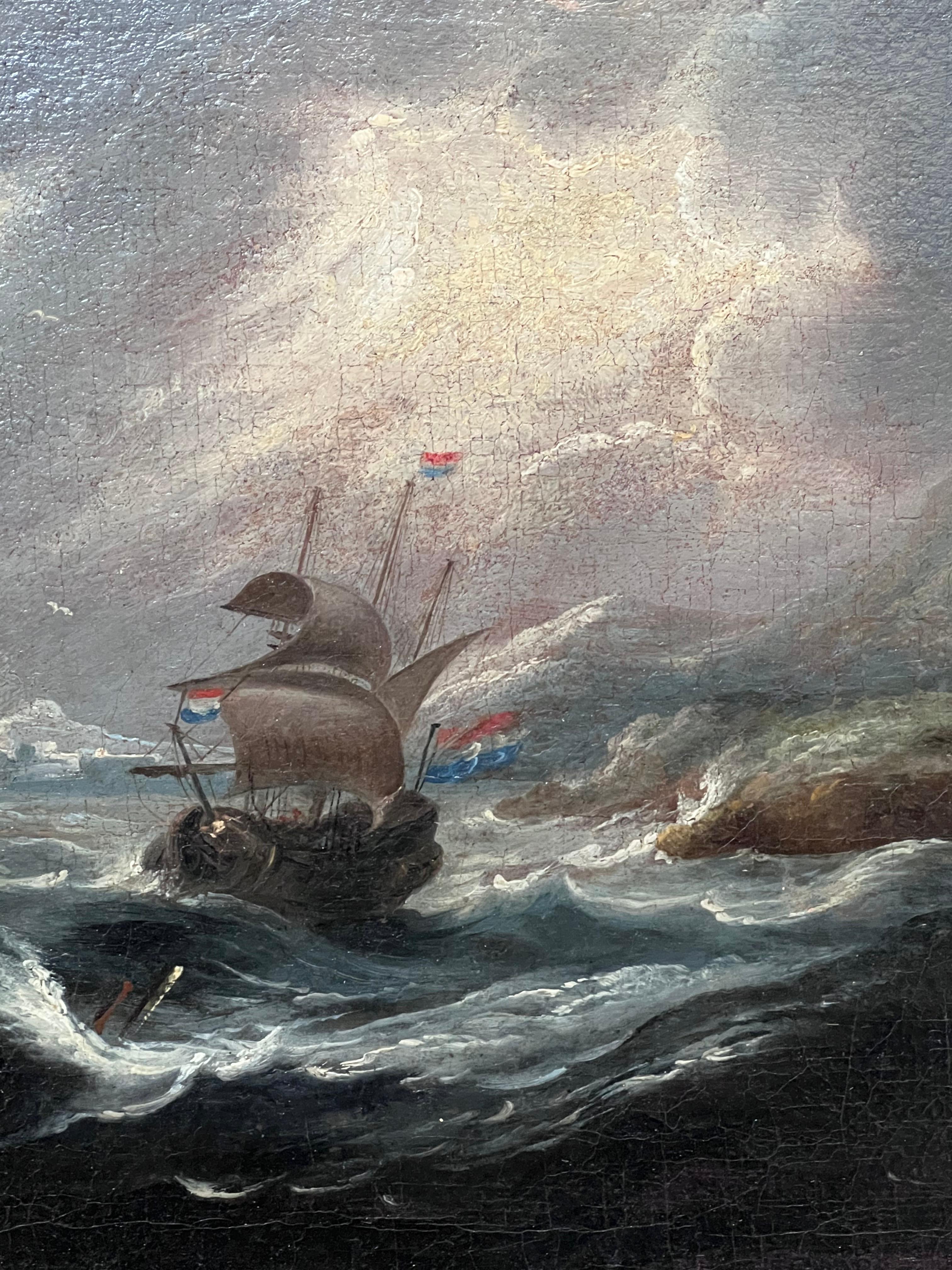 Niederländisches Ölgemälde eines alten Meisters der Marine, Schiff in stürmischer See, 17. Jahrhundert 3