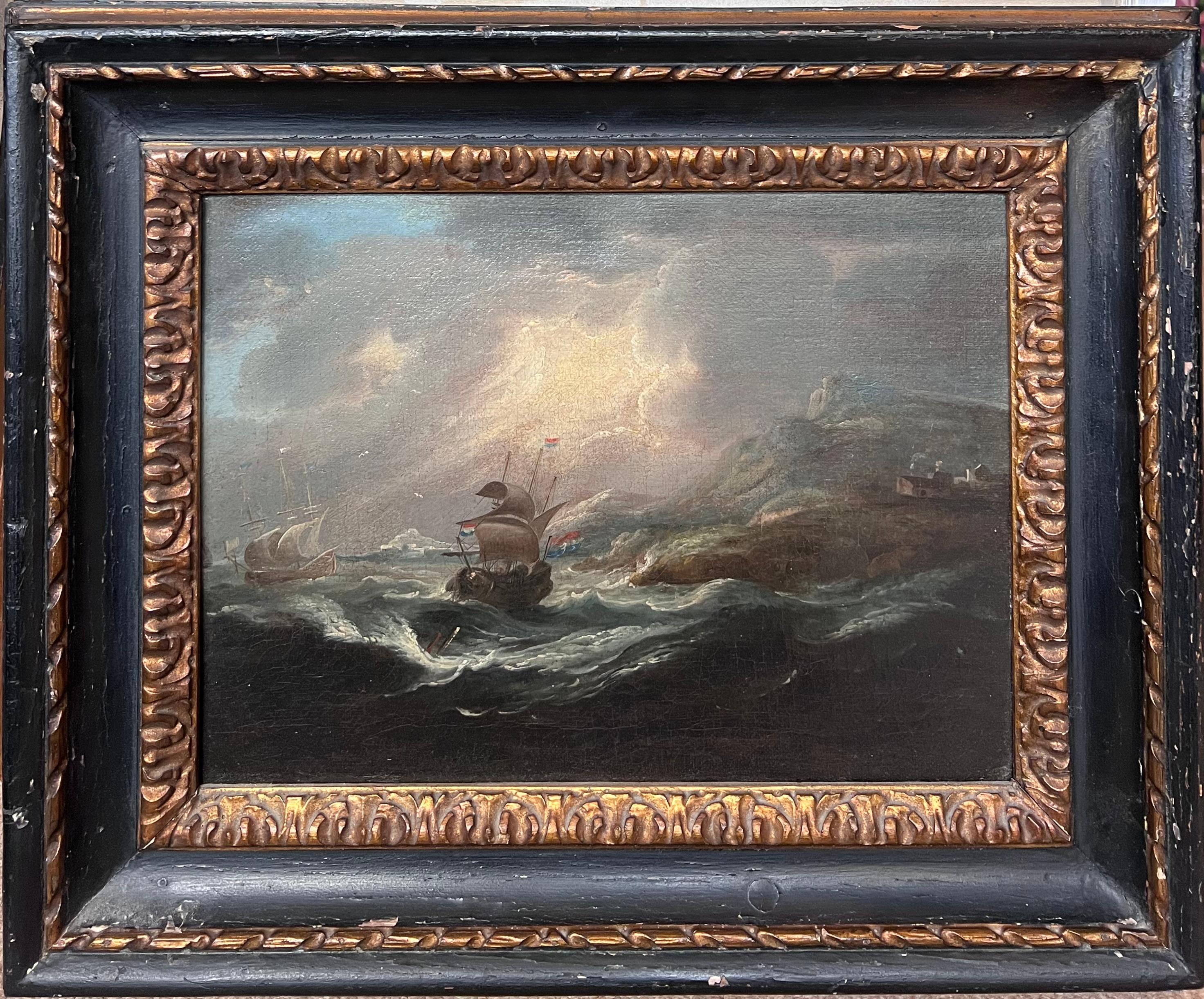Matthijs van Plattenberg Landscape Painting – Niederländisches Ölgemälde eines alten Meisters der Marine, Schiff in stürmischer See, 17. Jahrhundert