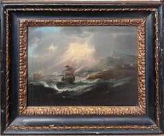 Fine 17th Century Dutch Old Master Marine Oil Painting Ship in Stormy Seas