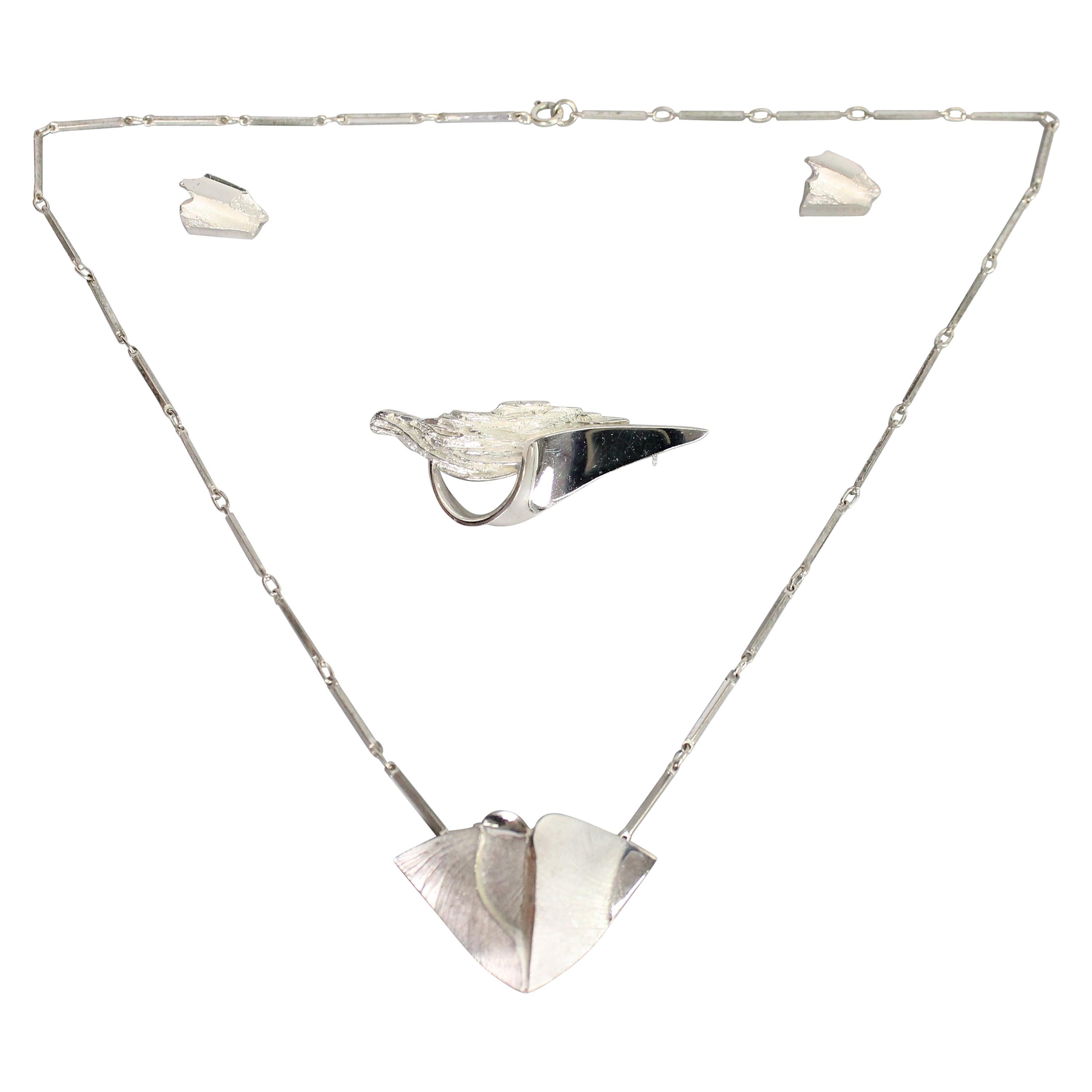 Matti J Hyvarinen - Ensemble collier, boucles d'oreilles et broche en argent sterling, Finlande en vente