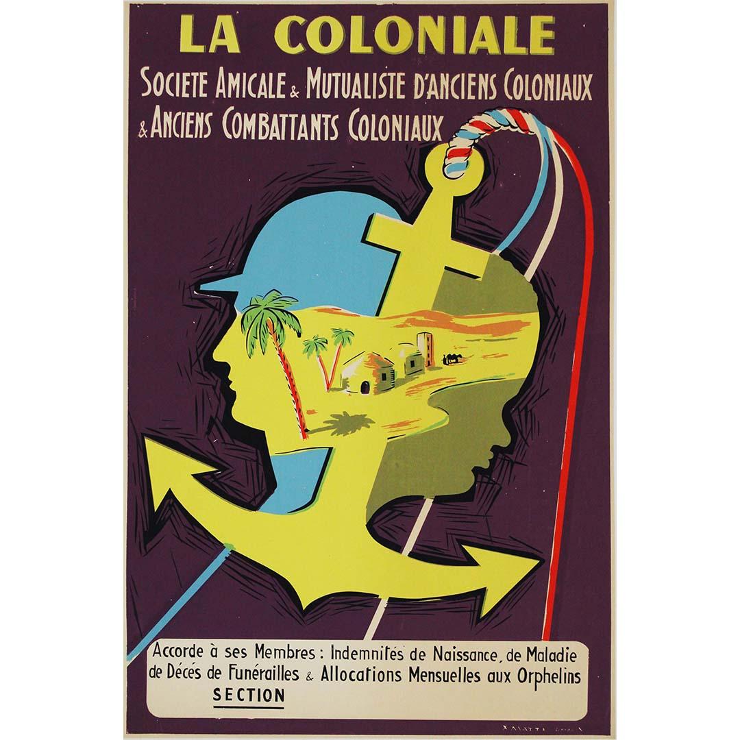 Original serigraphy from 1950 by Matti La Coloniale advertises the Société Amicale et Mutualiste d'Anciens Coloniaux et Anciens Combattants Coloniaux (Friendly and Mutual Society of Former Colonists and Colonial Veterans). This organization was