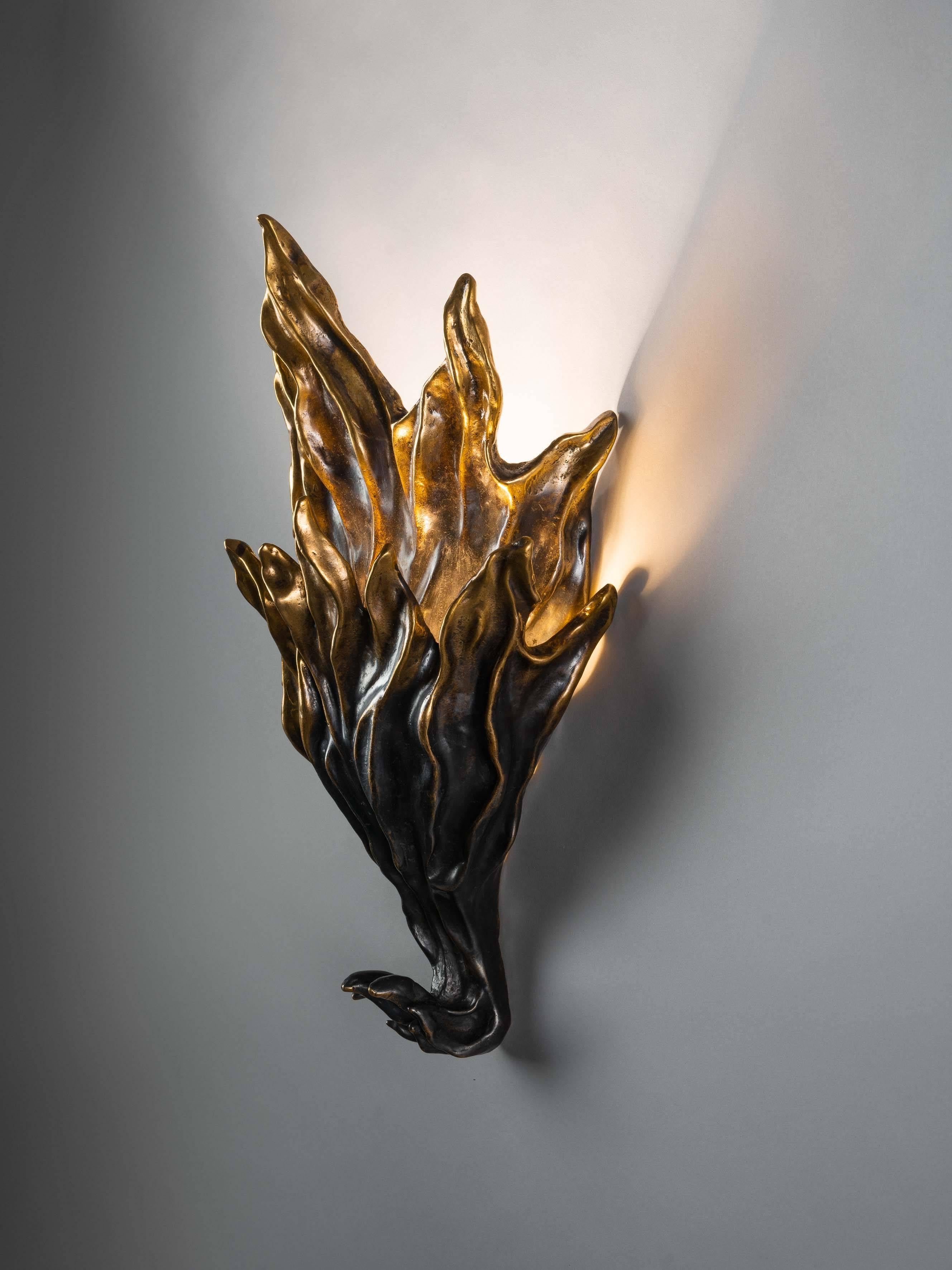 Please note dimensions differ on the two sconces as they are slightly different designs. 

Mattia Bonetti
Sconce 'Fires I ' 
2017
Patinated bronze
Measure: H 48 x L 28 x D 15 cm / H 18.9 x L 11 x D 5.9 in
David Gill Gallery