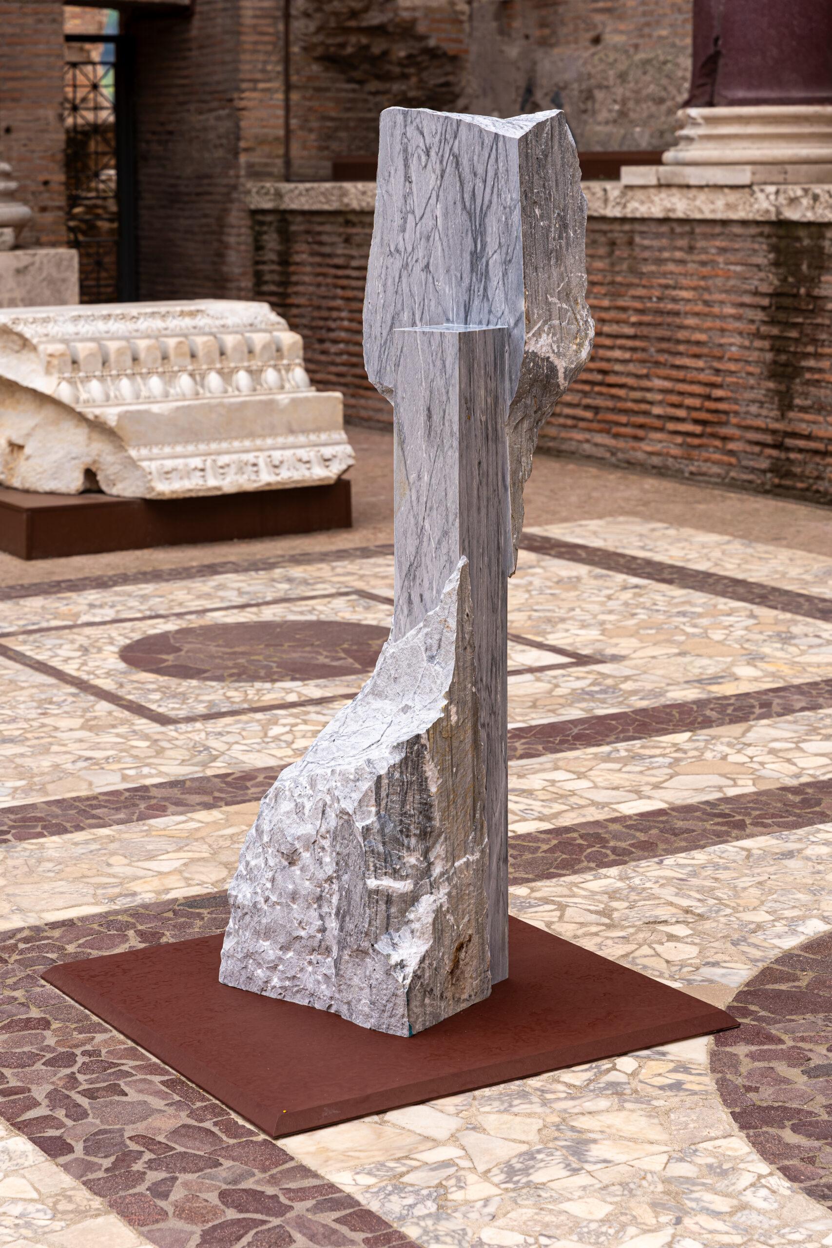 Korè-Bardiglio is a unique monumental sculpture by contemporary artist Mattia Bosco. This sculpture is made of Bardiglio marble, dimensions are 173 × 52 × 66 cm (68.1 × 20.5 × 26 in). 

This piece is a part of a collection of twelve sculptures, two