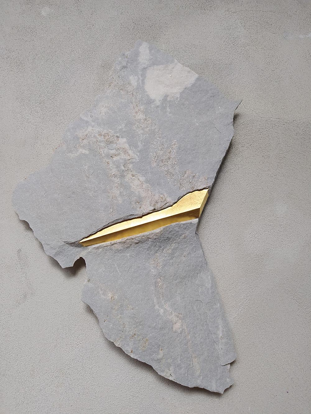 Sezione Aurea A9 is a unique wall sculpture by contemporary artist Mattia Bosco. This sculpture is made of Palissandro marble and gold leaf, dimensions are 54 × 35 × 4 cm (21.3 × 13.8 × 1.6 in). 

The process used by the artist is significantly