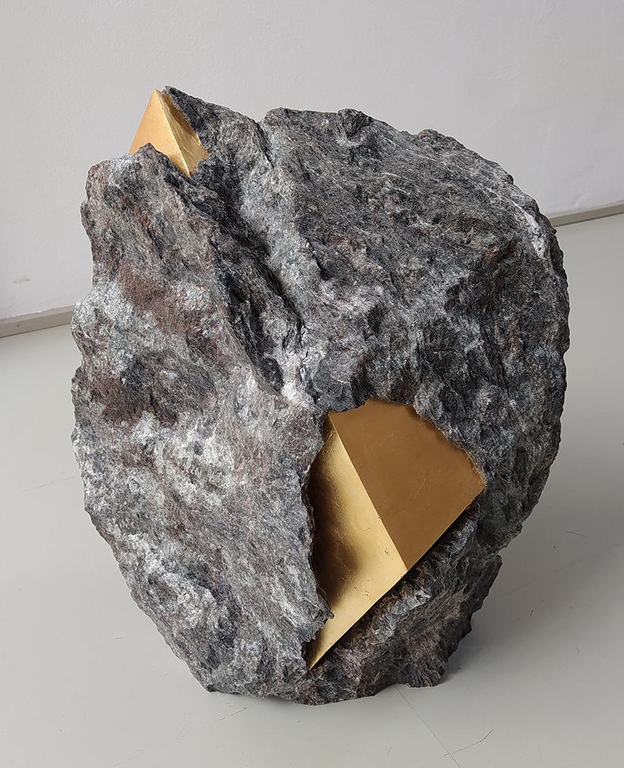SW3 is a unique sculpture by contemporary artist Mattia Bosco. This sculpture is made of black Palissandro marble and gold leaf, dimensions are 45 cm × 39 cm × 22 cm (17.7 × 15.4 × 8.7 in). 

The process used by the artist is significantly different