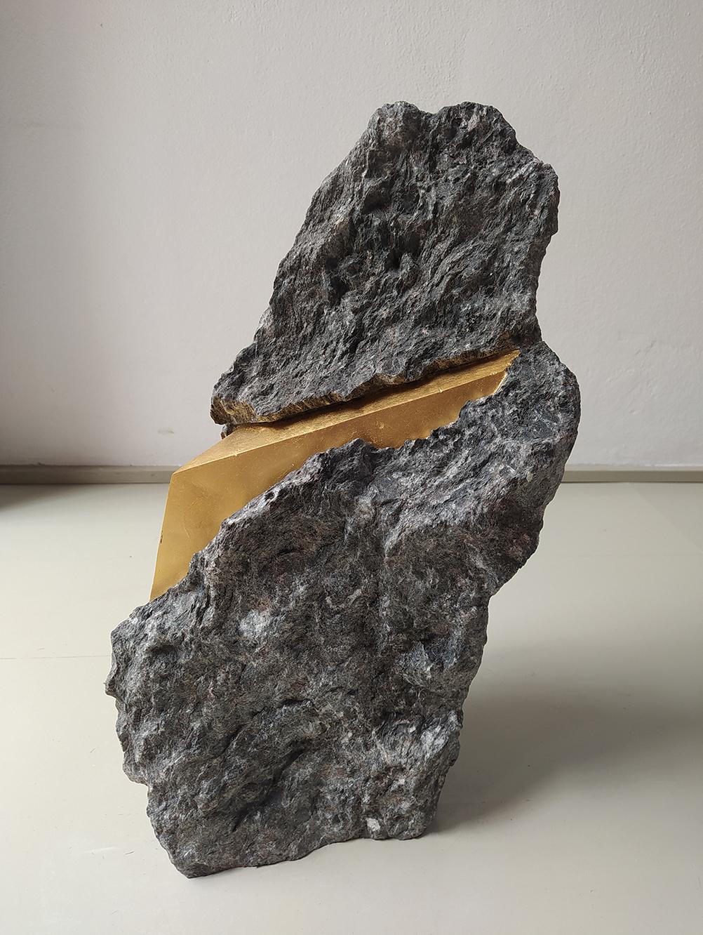 SW6 is a unique sculpture by contemporary artist Mattia Bosco. This sculpture is made of Black Palissandro marble and gold leaf, dimensions are 49 × 30 × 16 cm (19.3 × 11.8 × 6.3 in). 
This sculpture is a unique piece and comes with a certificate of