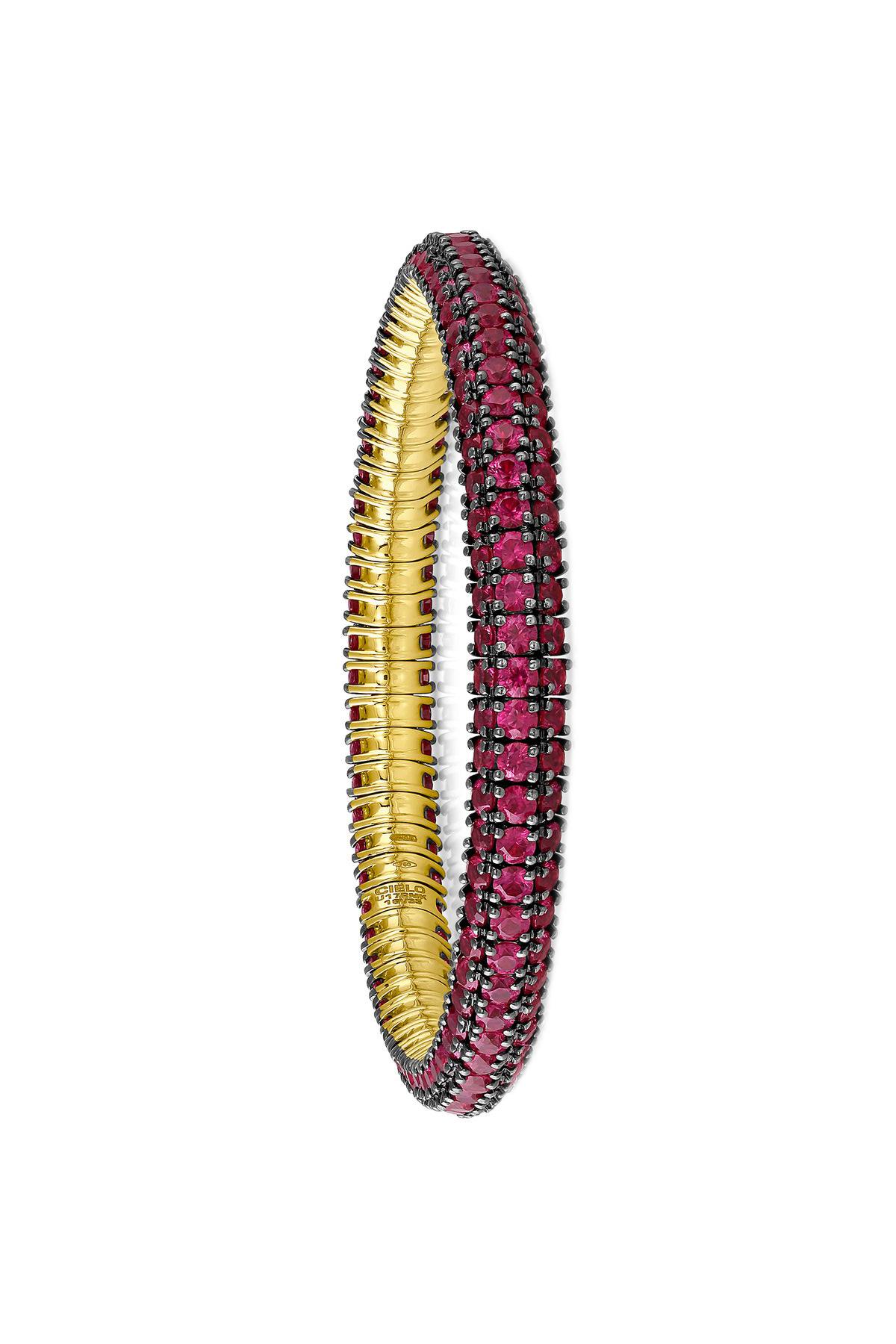 18kt Rose Gold Mattia Cielo Universo 3 Pietre Ruby Bracelet. Diamond Total Weight Is 18.10 Carats With 14.67 Carat Total Weight Of Rubies. 