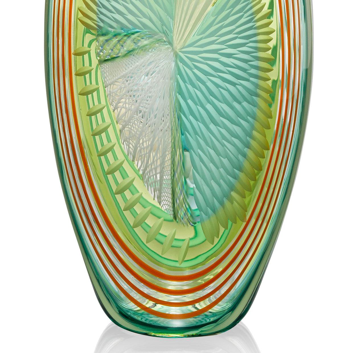Unique oblong vase with irregular shaped mouth using traditional Murano glassblowing and cold-working techniques.
