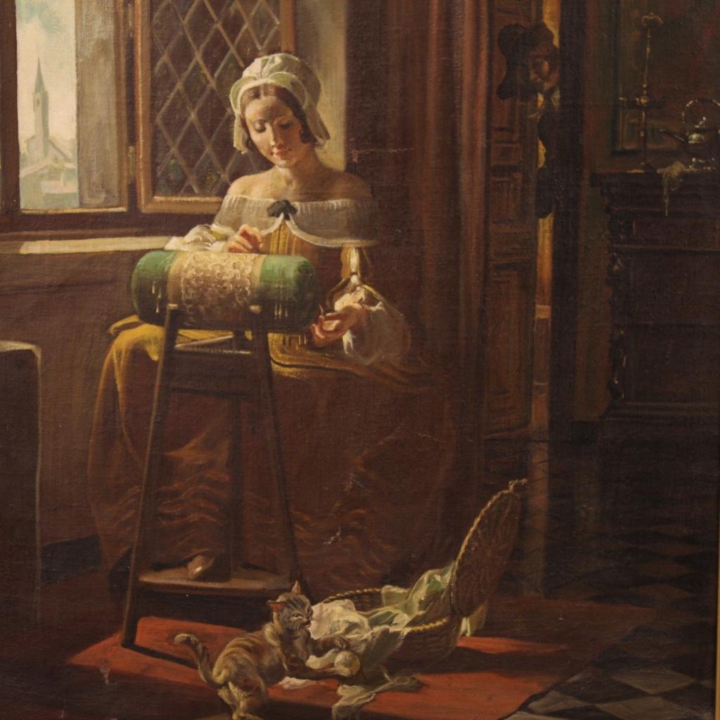 Italian painting attributable to Mattia Traverso (1885-1956) of the first half of the 20th century. Oil painting on canvas depicting an interior scene The Embroiderer, full of elements and details, of good pictorial quality. Missing signature and