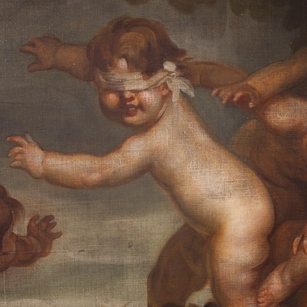 20th Century Oil on Canvas Italian Signed Mattia Traverso Painting Cherubs Game For Sale 9