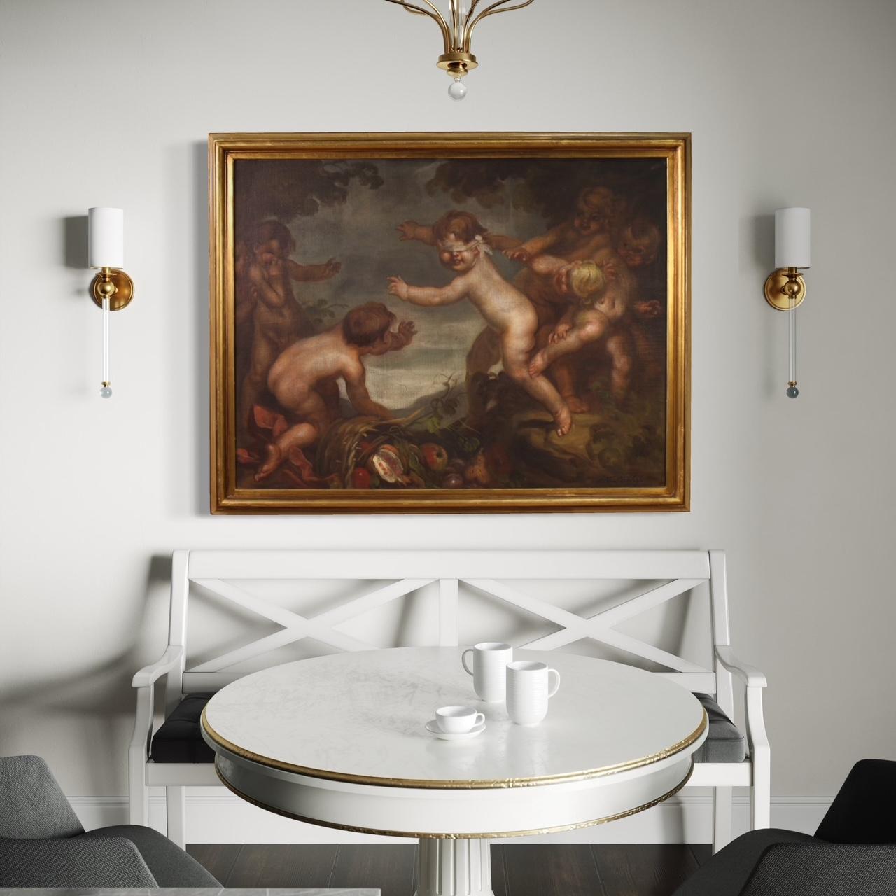 20th Century Oil on Canvas Italian Signed Mattia Traverso Painting Cherubs Game For Sale 13
