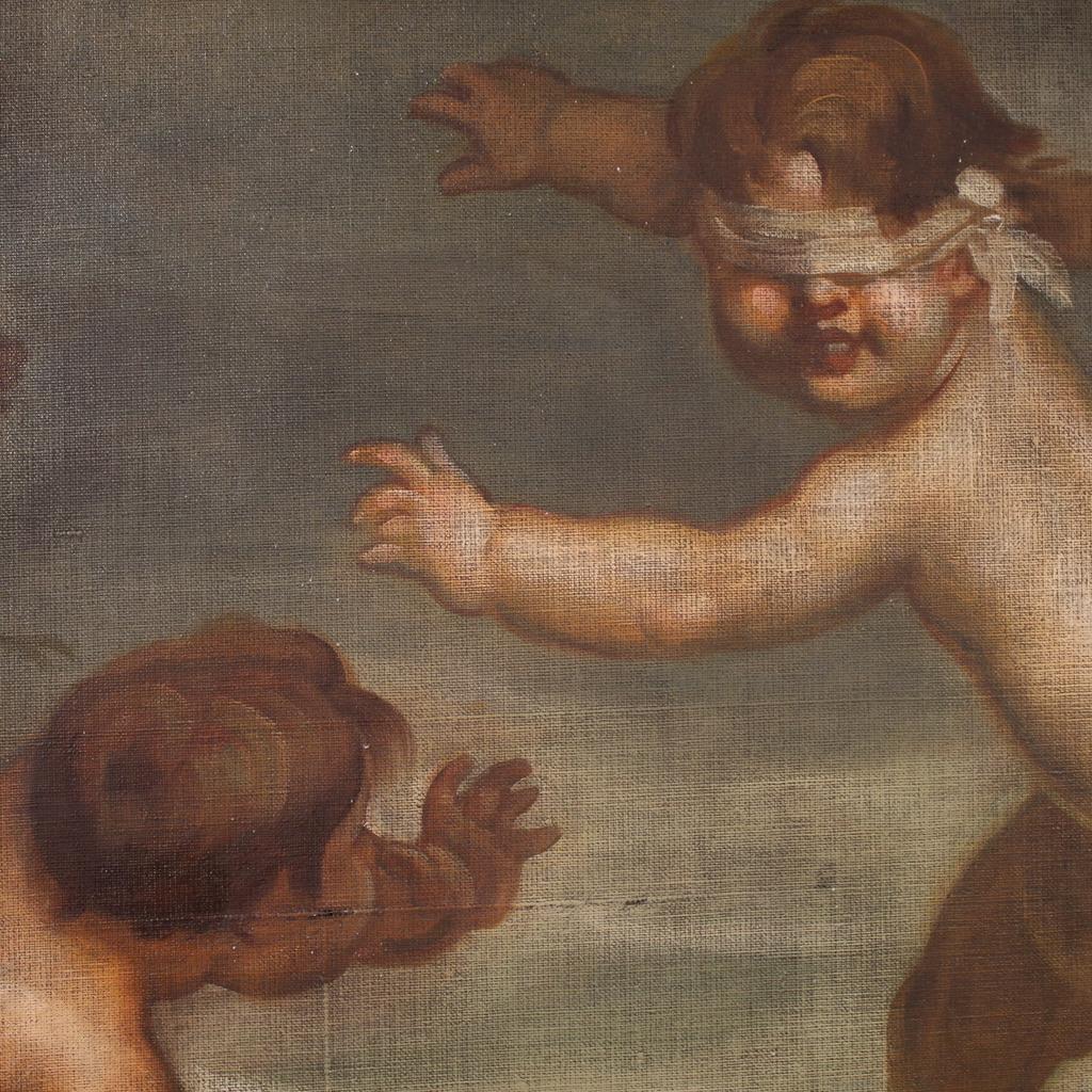 20th Century Oil on Canvas Italian Signed Mattia Traverso Painting Cherubs Game For Sale 14