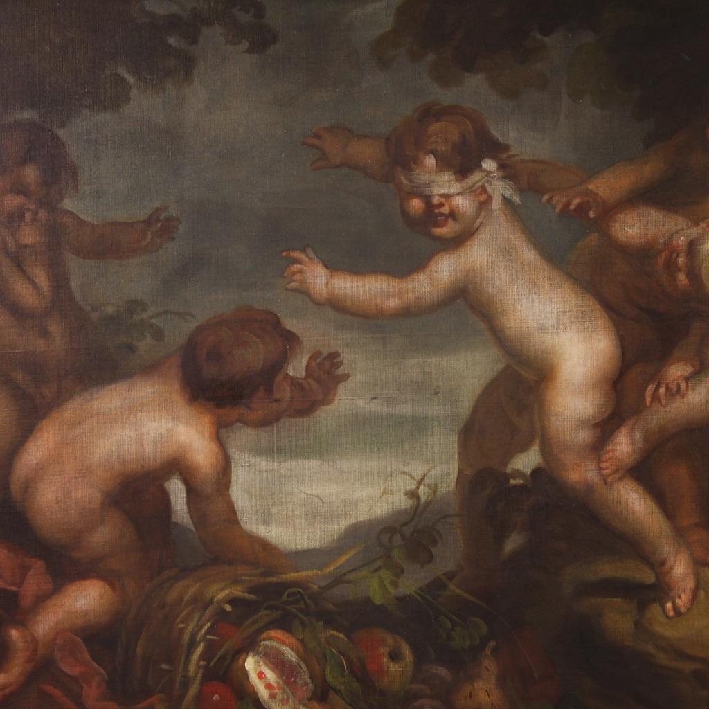 20th Century Oil on Canvas Italian Signed Mattia Traverso Painting Cherubs Game For Sale 2