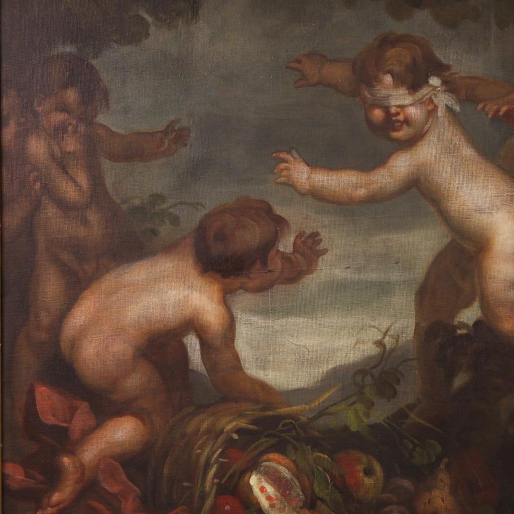 20th Century Oil on Canvas Italian Signed Mattia Traverso Painting Cherubs Game For Sale 4