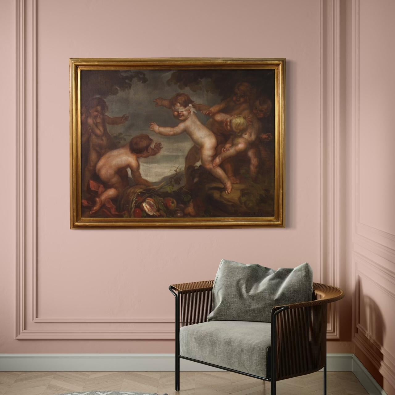 20th Century Oil on Canvas Italian Signed Mattia Traverso Painting Cherubs Game For Sale 5