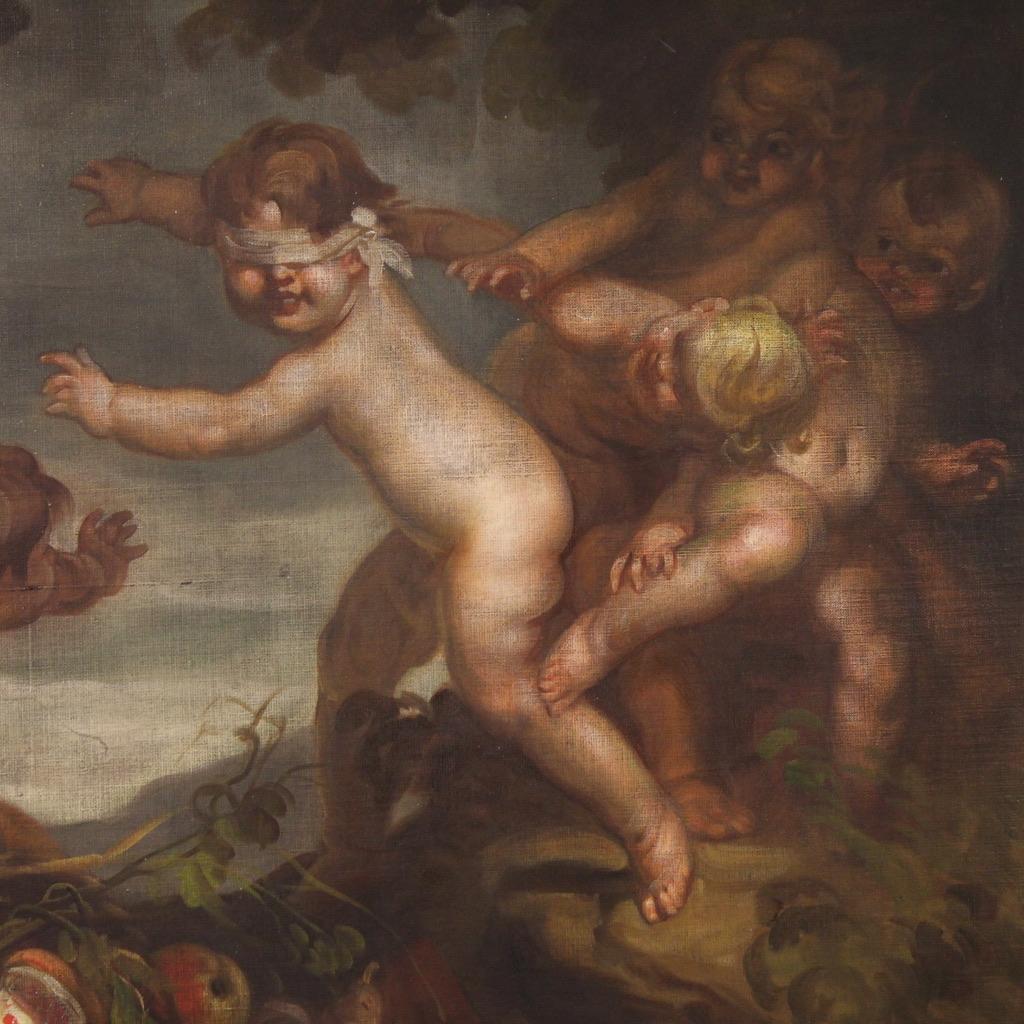 20th Century Oil on Canvas Italian Signed Mattia Traverso Painting Cherubs Game For Sale 6