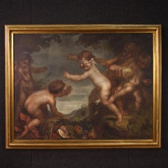 20th Century Oil on Canvas Italian Signed Mattia Traverso Painting Cherubs Game