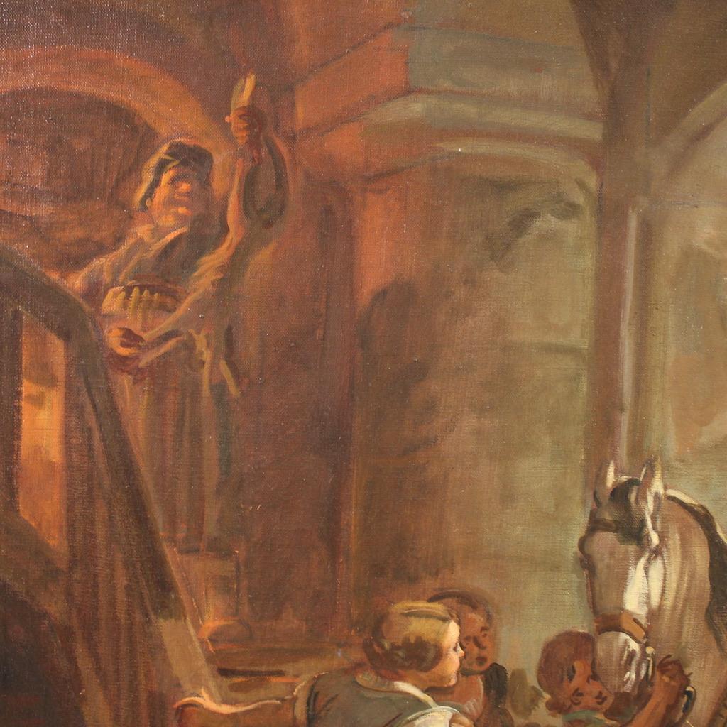 20ème siècle Huile sur toile signée Mattia Traverso Peinture italienne Scène de genre en vente 11