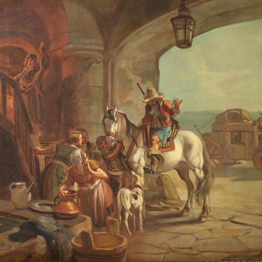 20ème siècle Huile sur toile signée Mattia Traverso Peinture italienne Scène de genre en vente 1