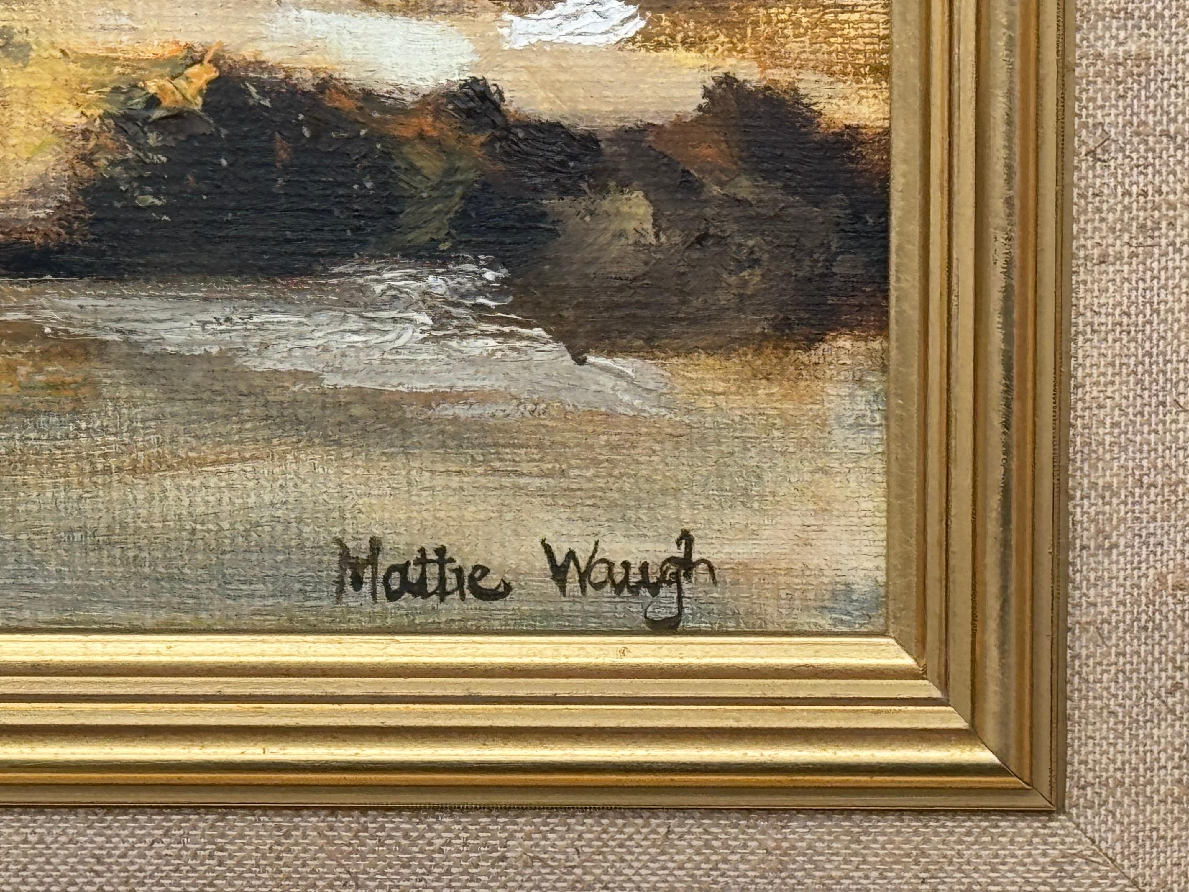 Paysage marin doré avec des vagues s'écrasant sur des rochers au coucher du soleil par un artiste du 20e siècle en vente 11