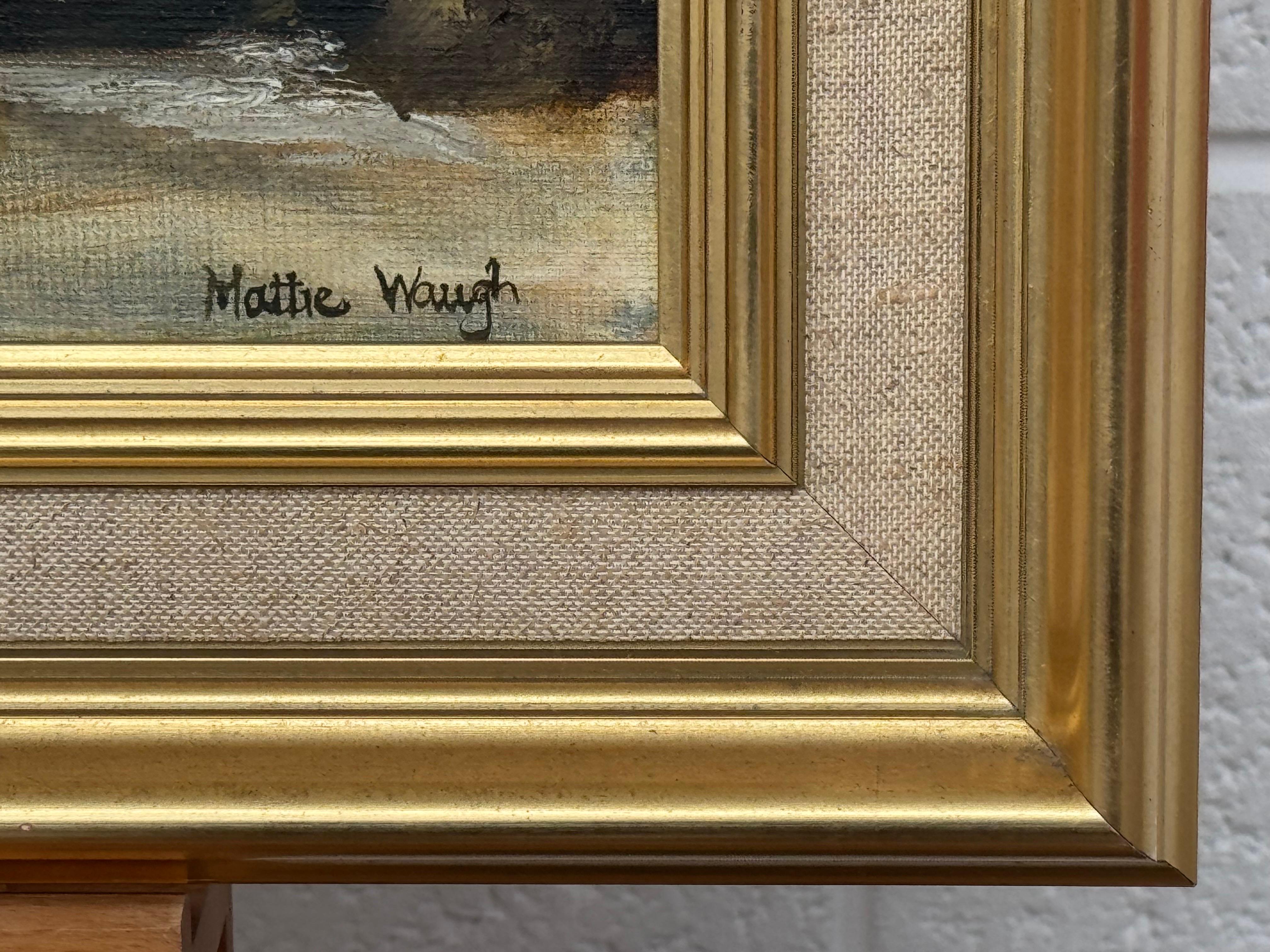 Paysage marin doré avec des vagues s'écrasant sur des rochers au coucher du soleil par un artiste du 20e siècle en vente 12