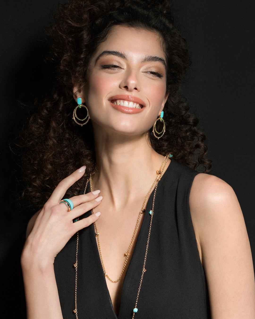 Mattioli Eve_r New Earrings in Rose Gold, Black Diamonds, Tsaverites & Turquoise For Sale 1