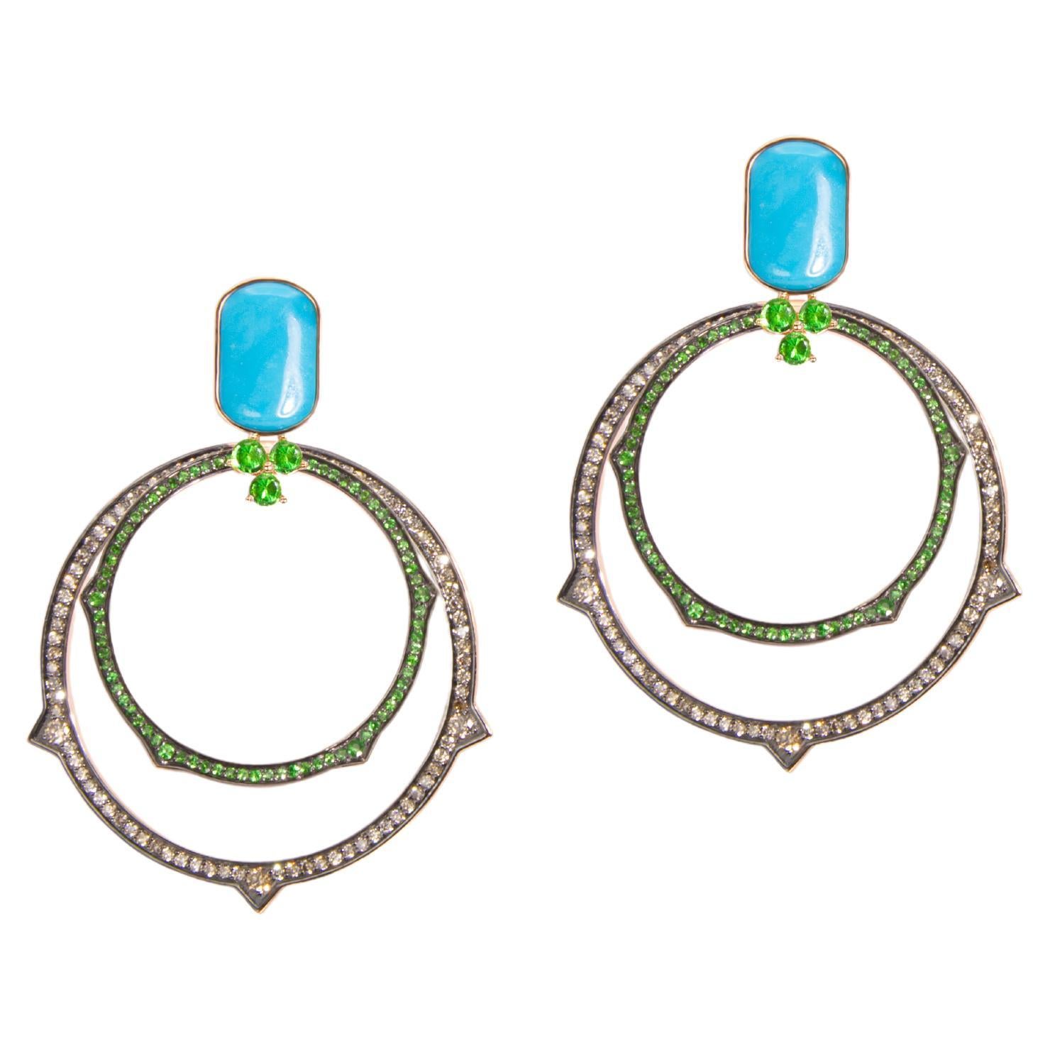 Mattioli Eve_r New Earrings in Rose Gold, Black Diamonds, Tsaverites & Turquoise For Sale