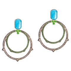 Mattioli Boucles d'oreilles Eve_r en or rose, diamants noirs, tsaverites et turquoise, neuves