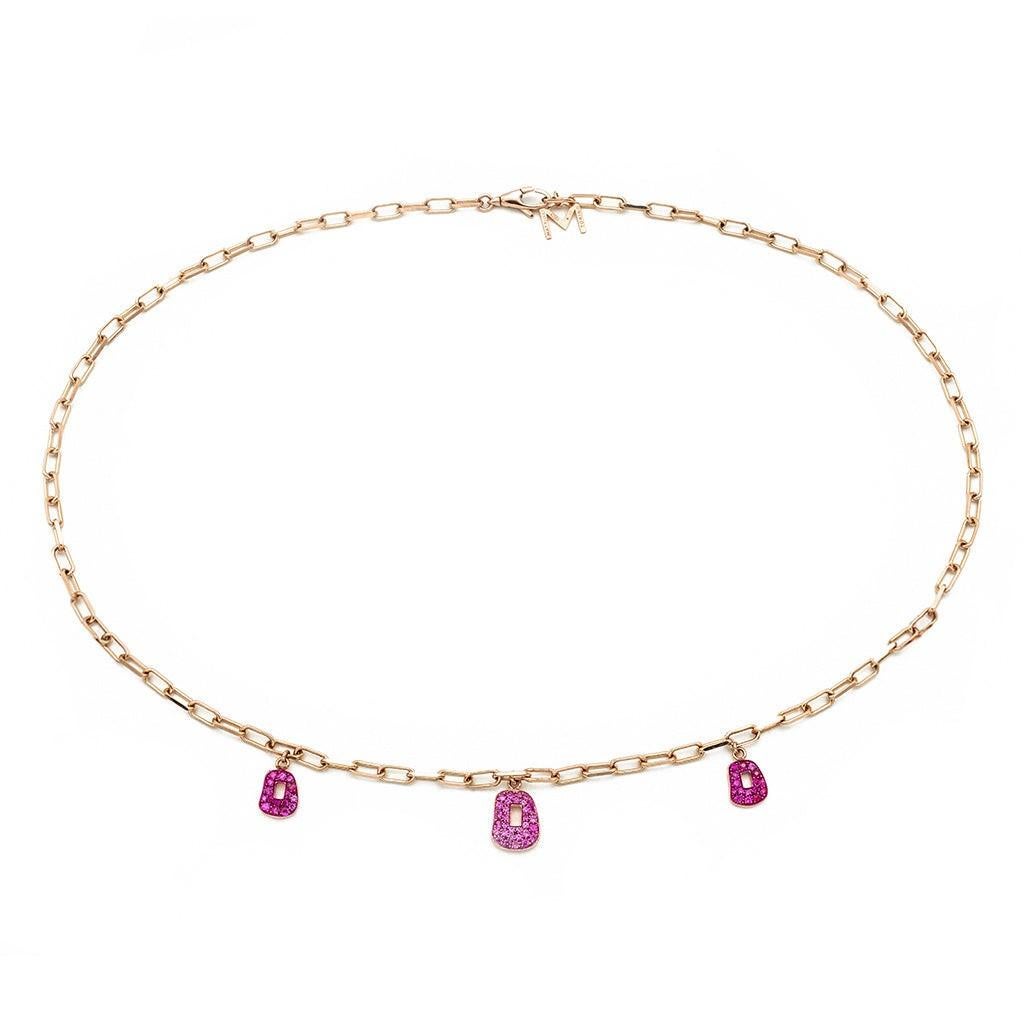 Mattioli Mini Puzzle 5 pendants Necklace in Rose Gold and 
pink Sapphires
Other options with only 3 pendants for 4.600€
And also other coloour golds and stones
Available in Rose, Yellow or White Gold and Brown Diamonds
Chain 42cm 
Production time is