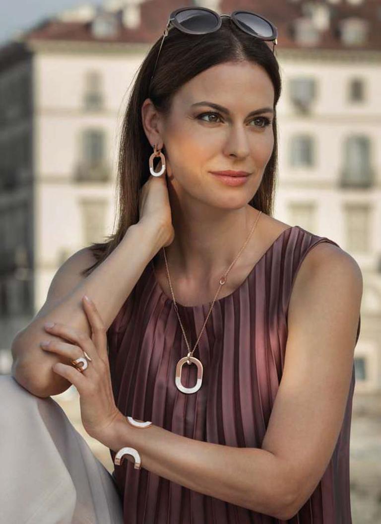 Contemporary Mattioli Navettes Necklace in Rose Gold, White Gold and White Diamonds For Sale