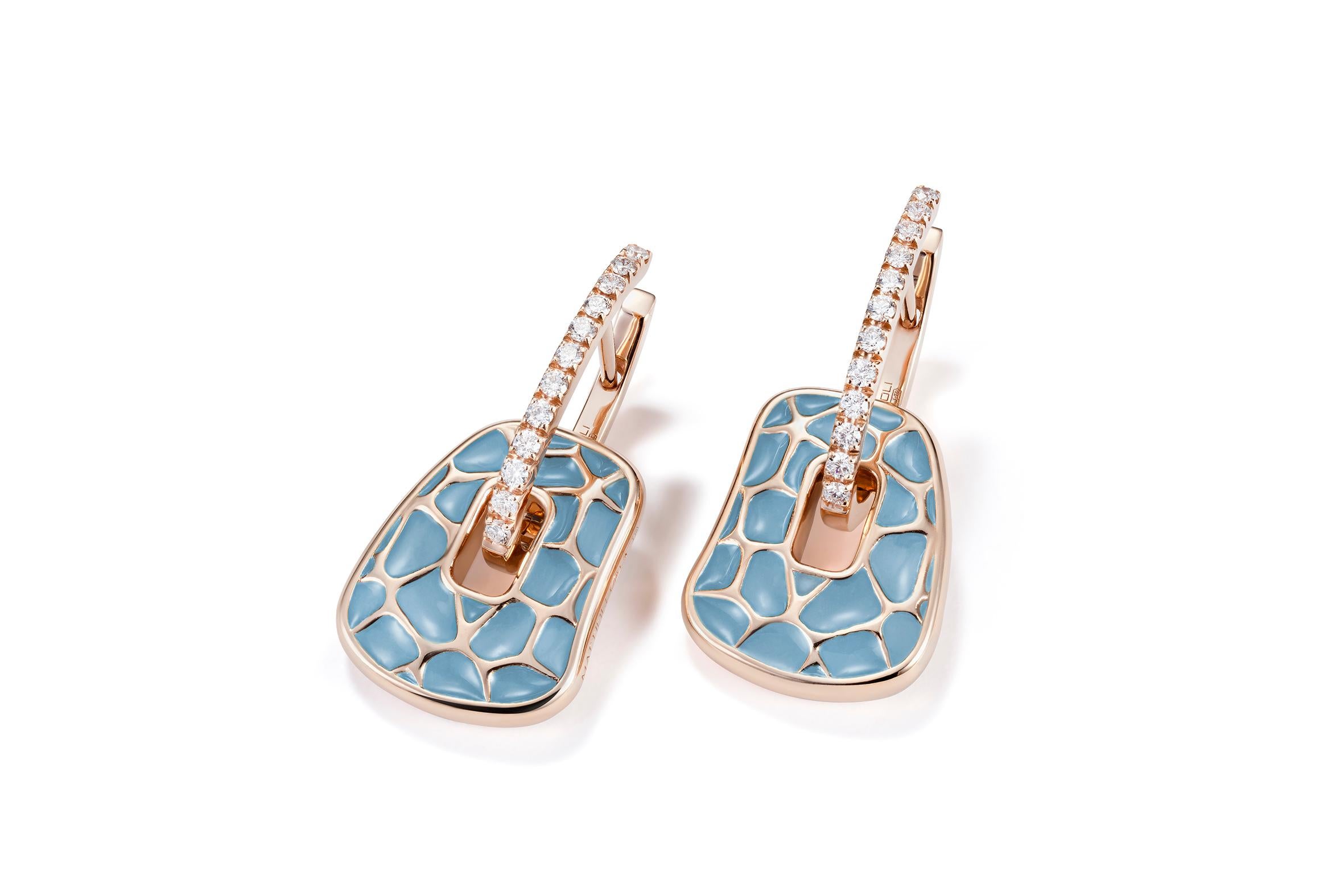 Mattioli Puzzle Collection 18k Rose Gold, Sky Blue Enamel & Quartzite 
with hoops in Rose Gold and White Diamonds Small Size
and three coloured pairs of puzzles to your choice 
Diamonds carat 0,34ct
Weight 10,80gr  
Puzzle pendants of mother of